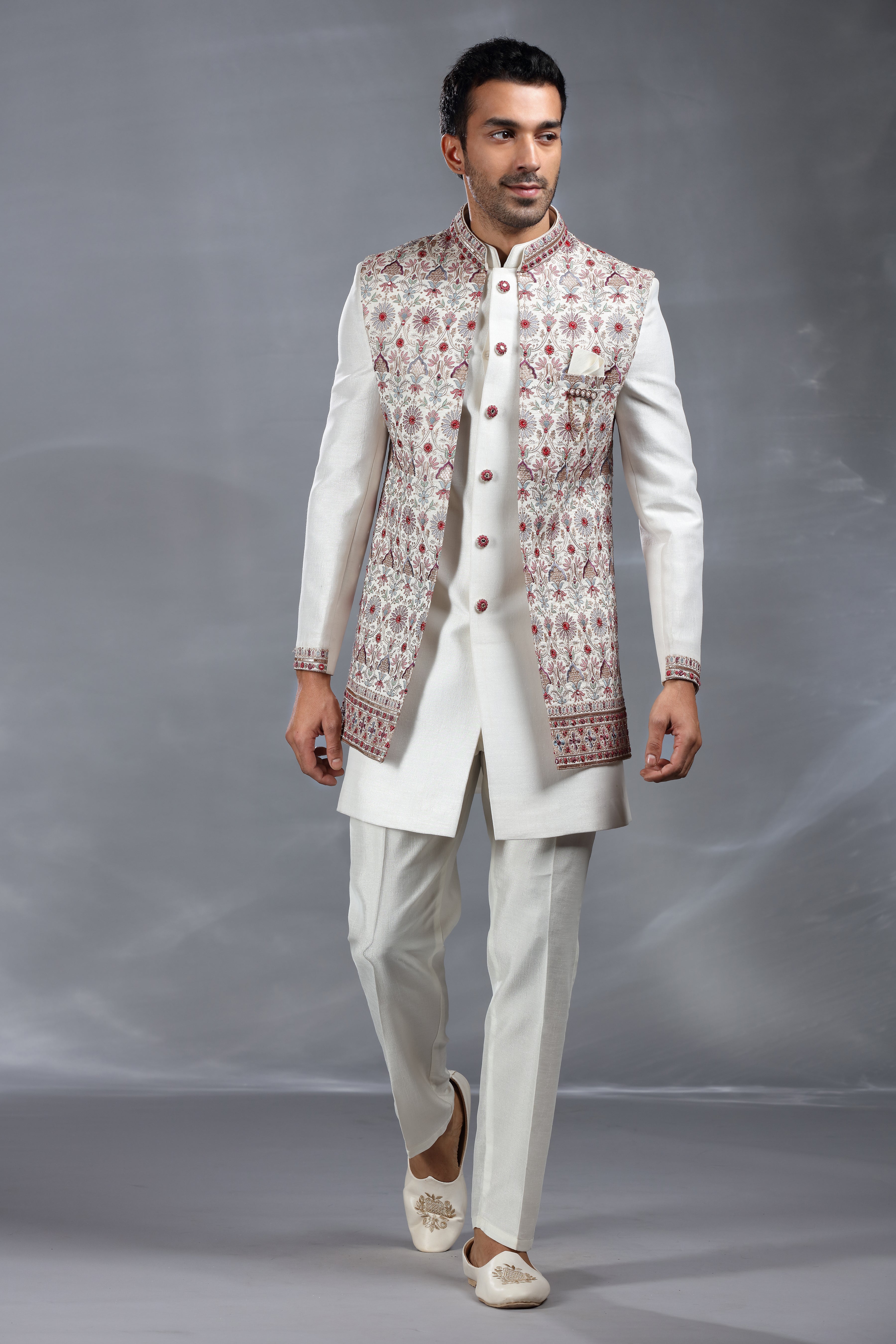 Off-White Silk Jacket Set with Resham Thread, Aari & Sequence Work