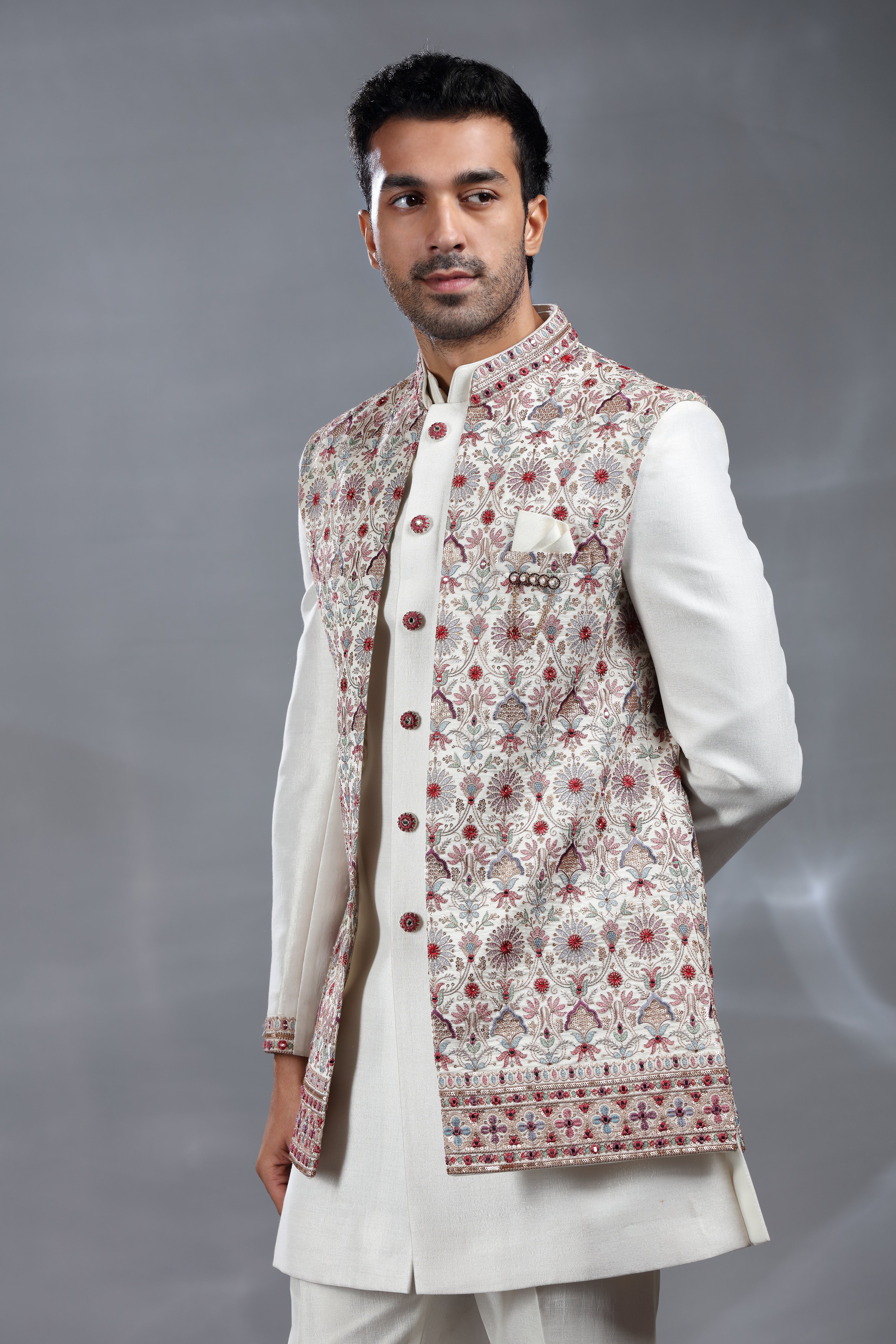 Off-White Silk Jacket Set with Resham Thread, Aari & Sequence Work