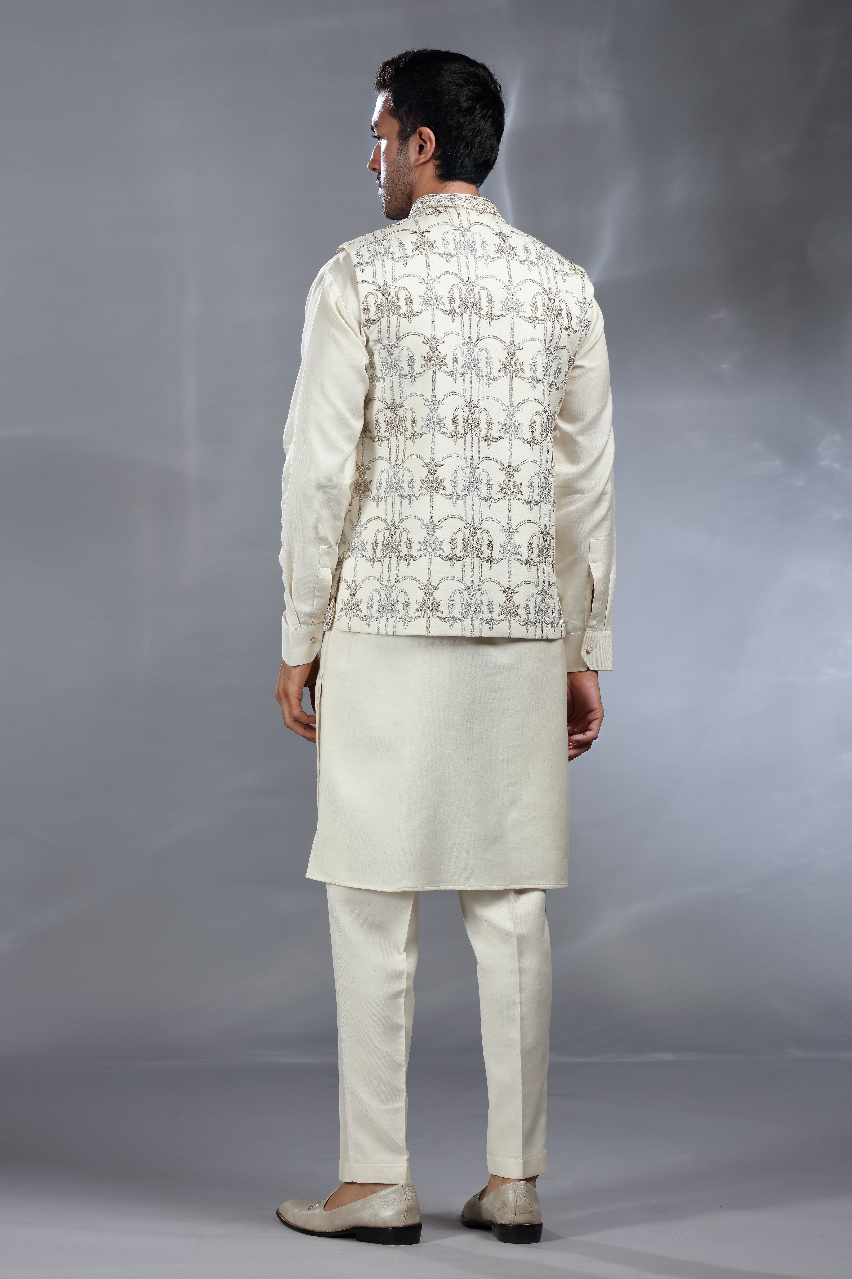 Ivory Silk Jacket Set with Silver & Golden Thread Aari Work