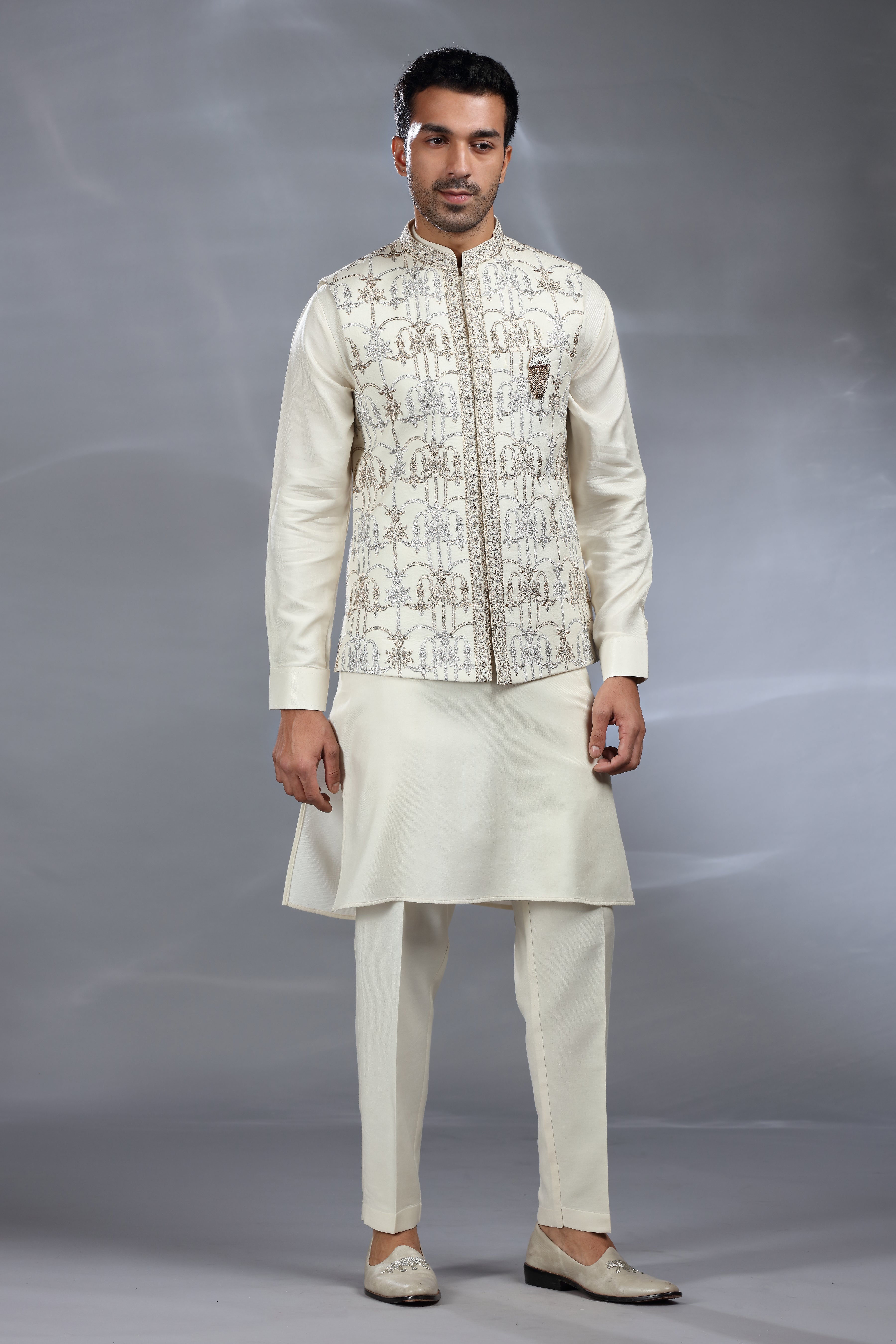 Ivory Silk Jacket Set with Silver & Golden Thread Aari Work