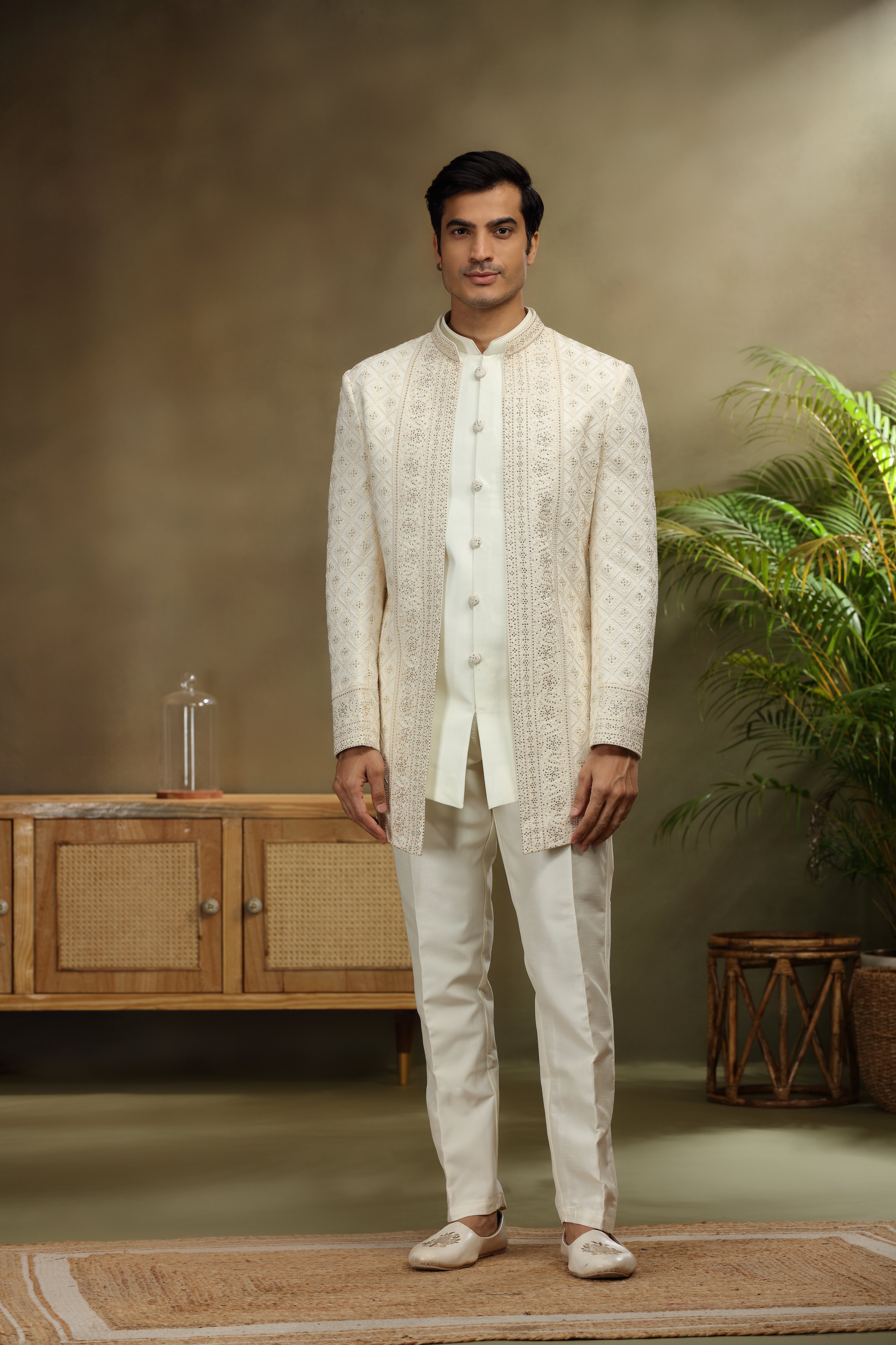 Ivory Georgette Indo Set with Lucknowi Diamond Work