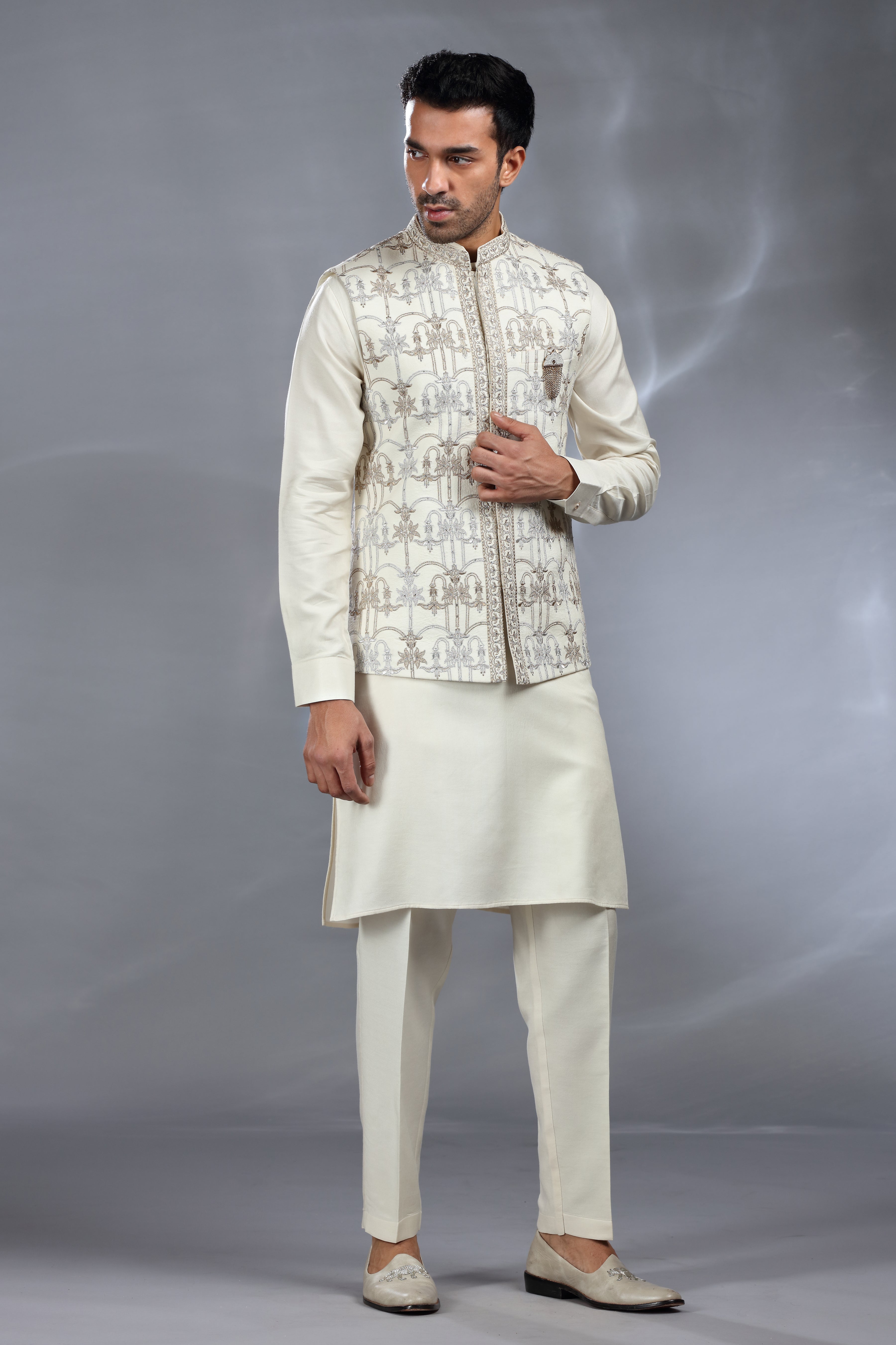 Ivory Silk Jacket Set with Silver & Golden Thread Aari Work