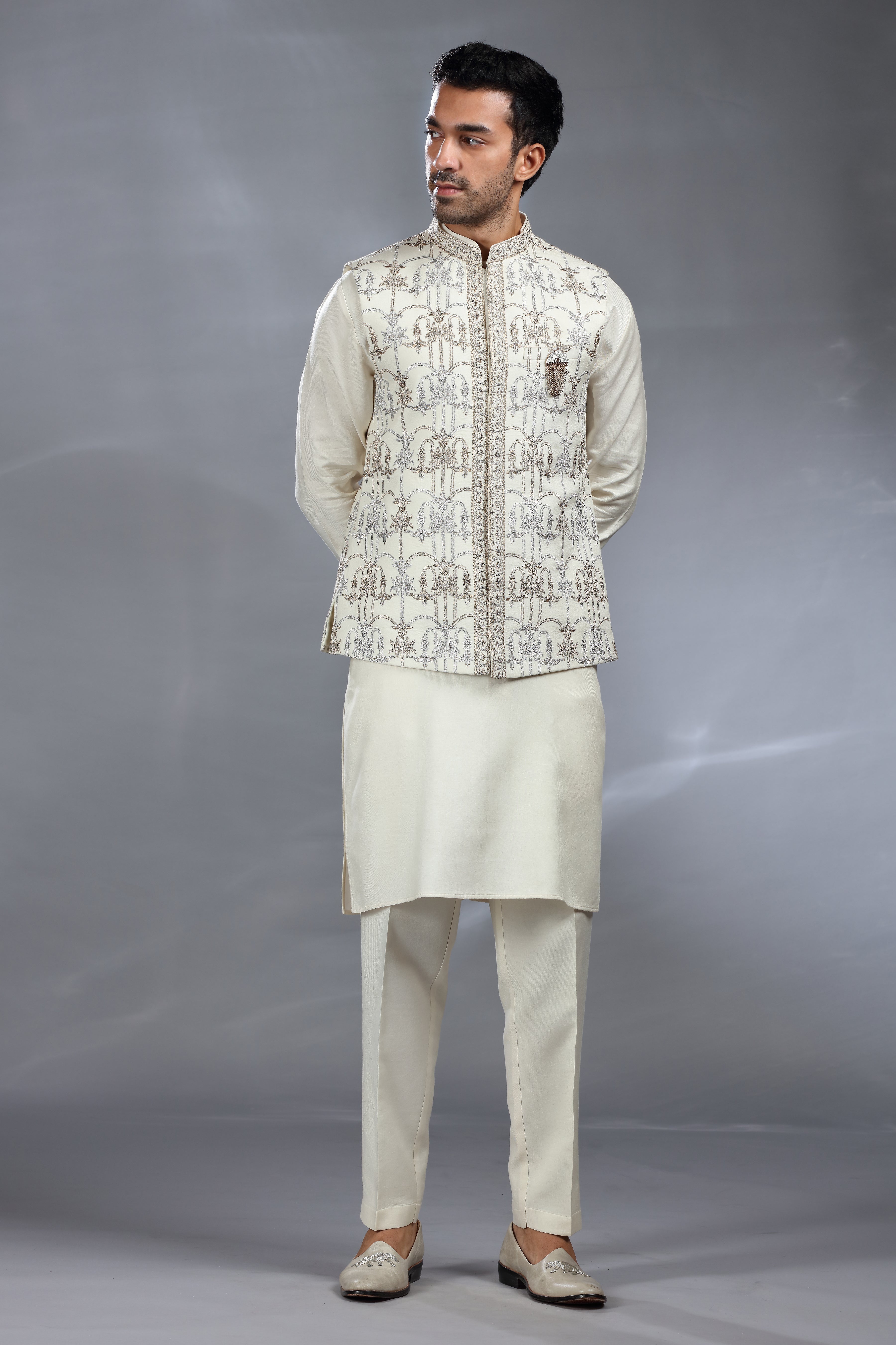 Ivory Silk Jacket Set with Silver & Golden Thread Aari Work