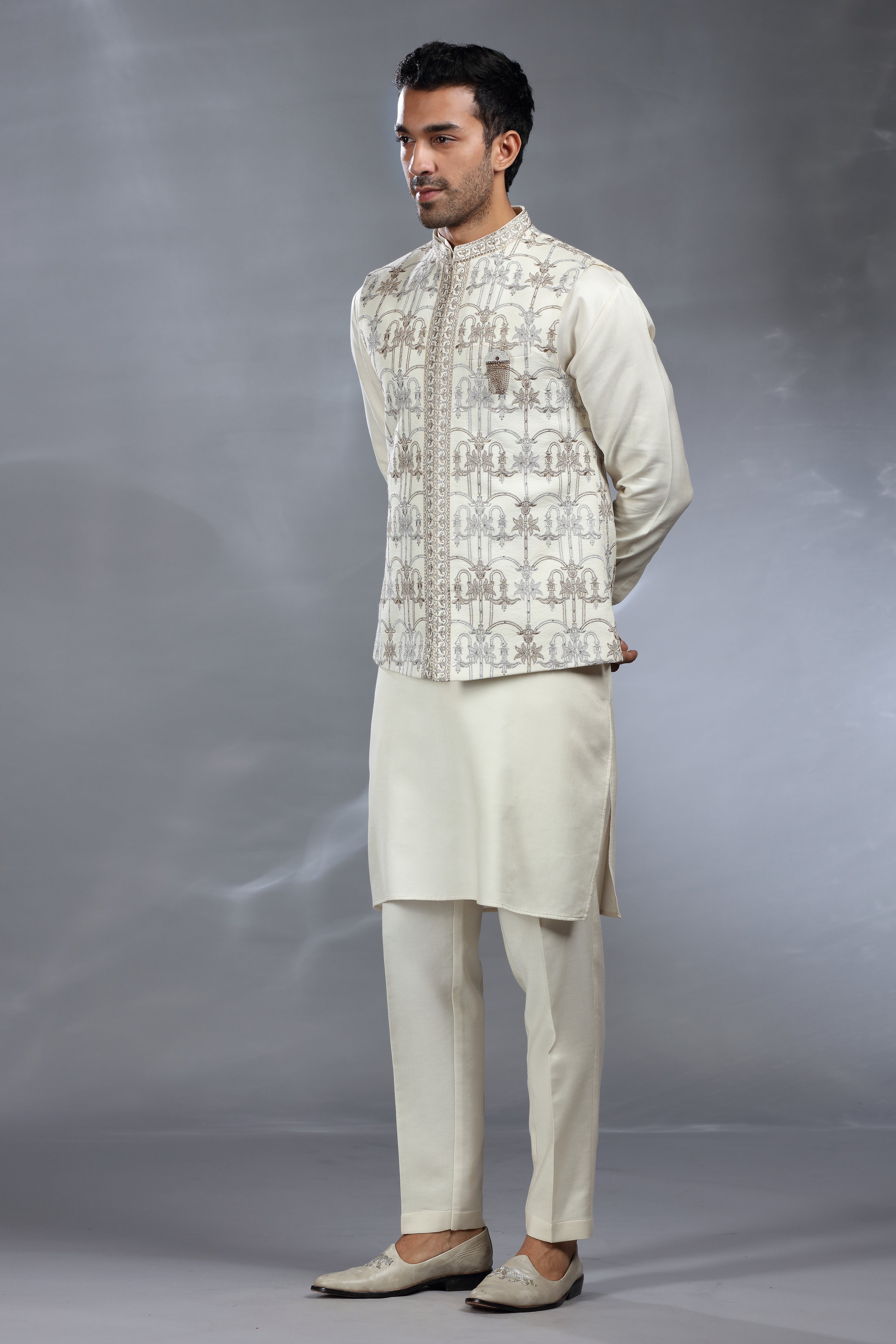 Ivory Silk Jacket Set with Silver & Golden Thread Aari Work