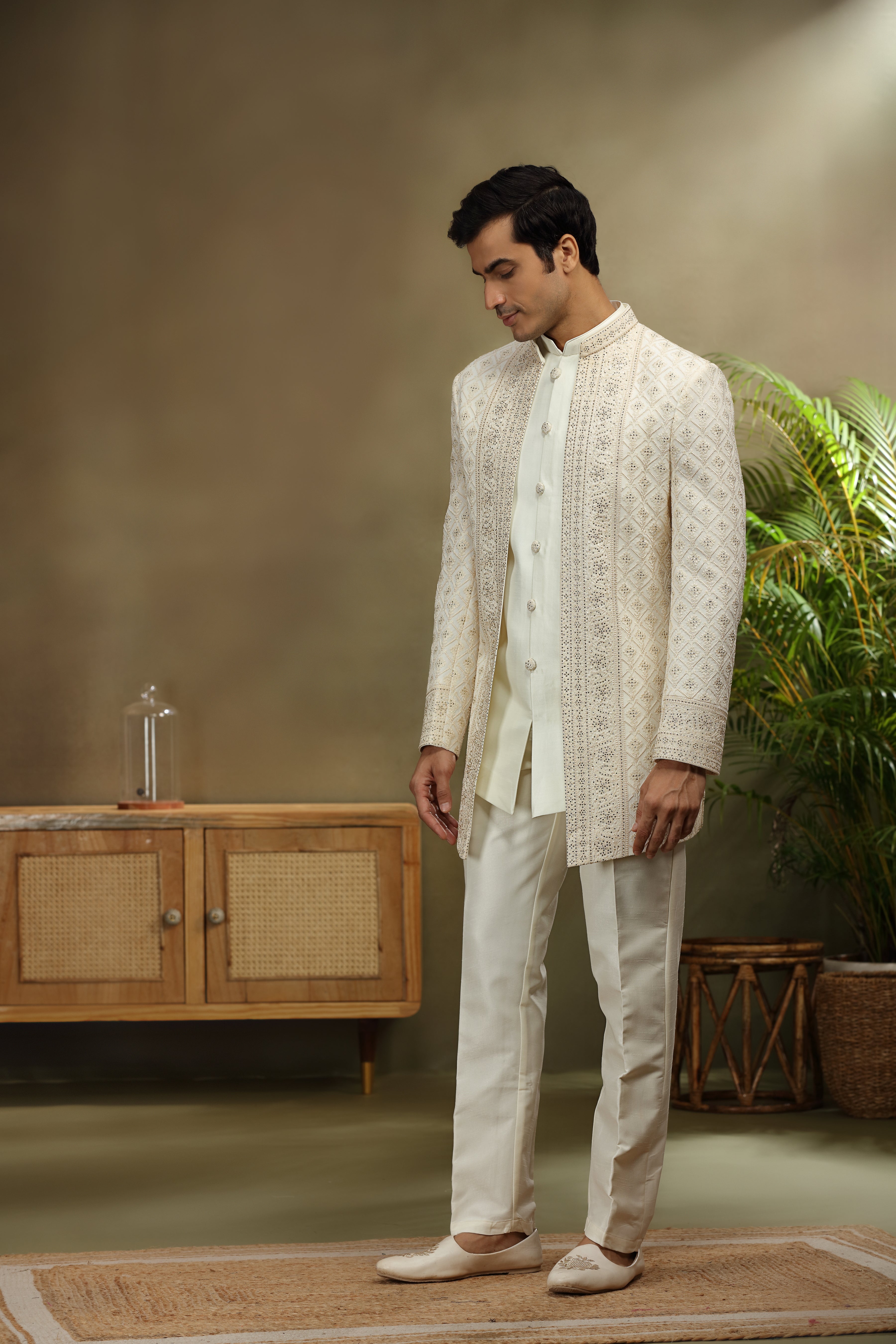 Ivory Georgette Indo Set with Lucknowi Diamond Work