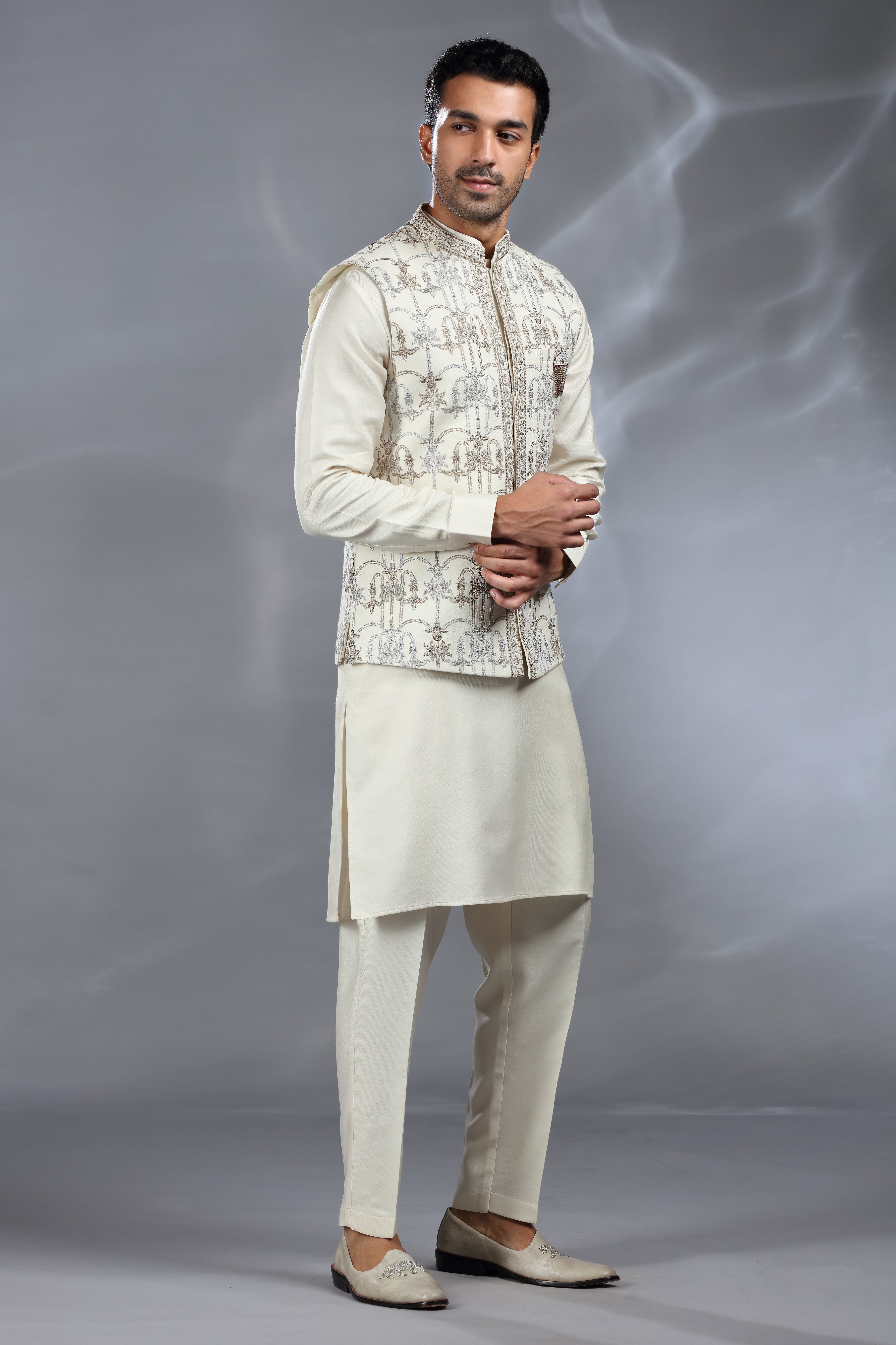 Ivory Silk Jacket Set with Silver & Golden Thread Aari Work