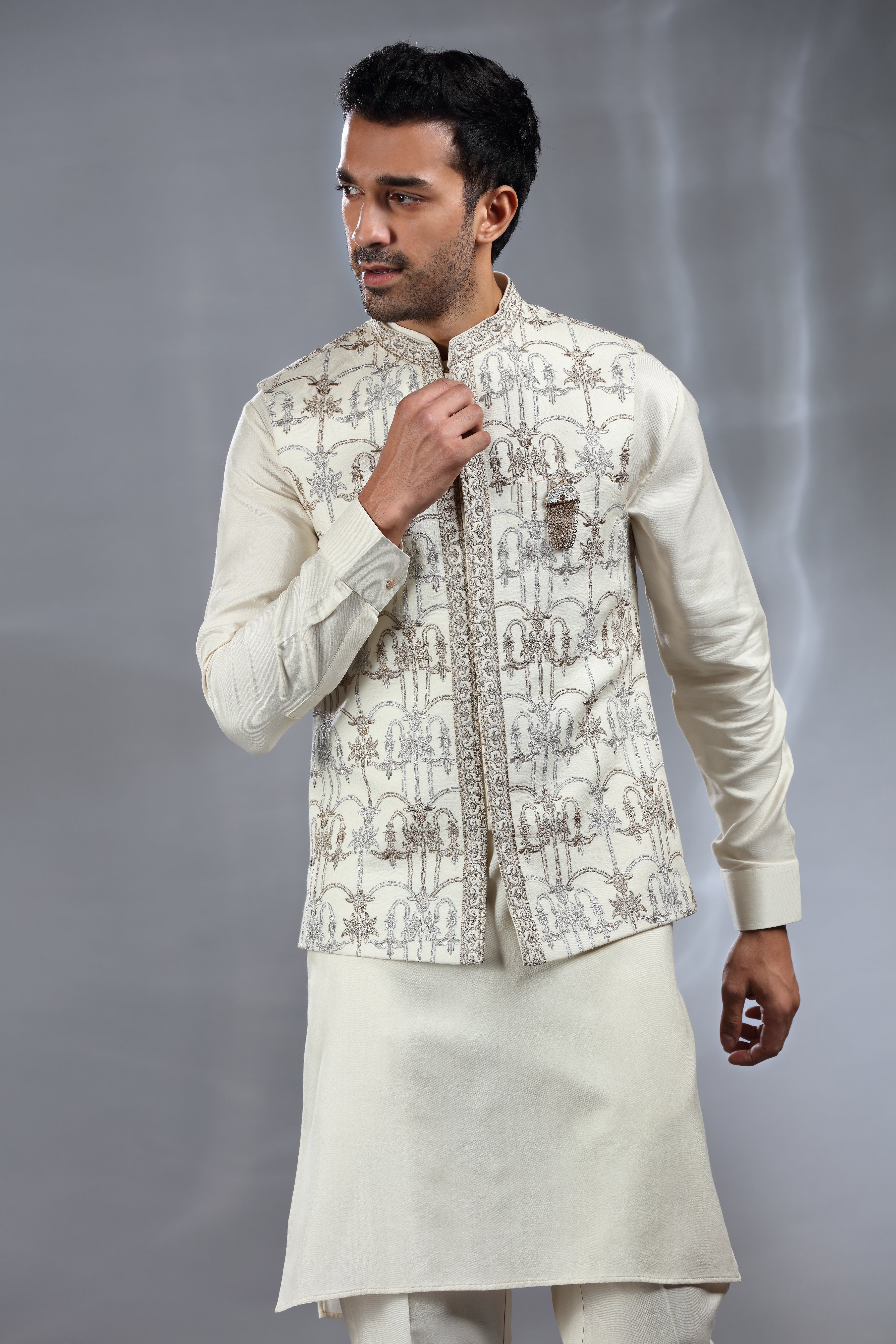 Ivory Silk Jacket Set with Silver & Golden Thread Aari Work