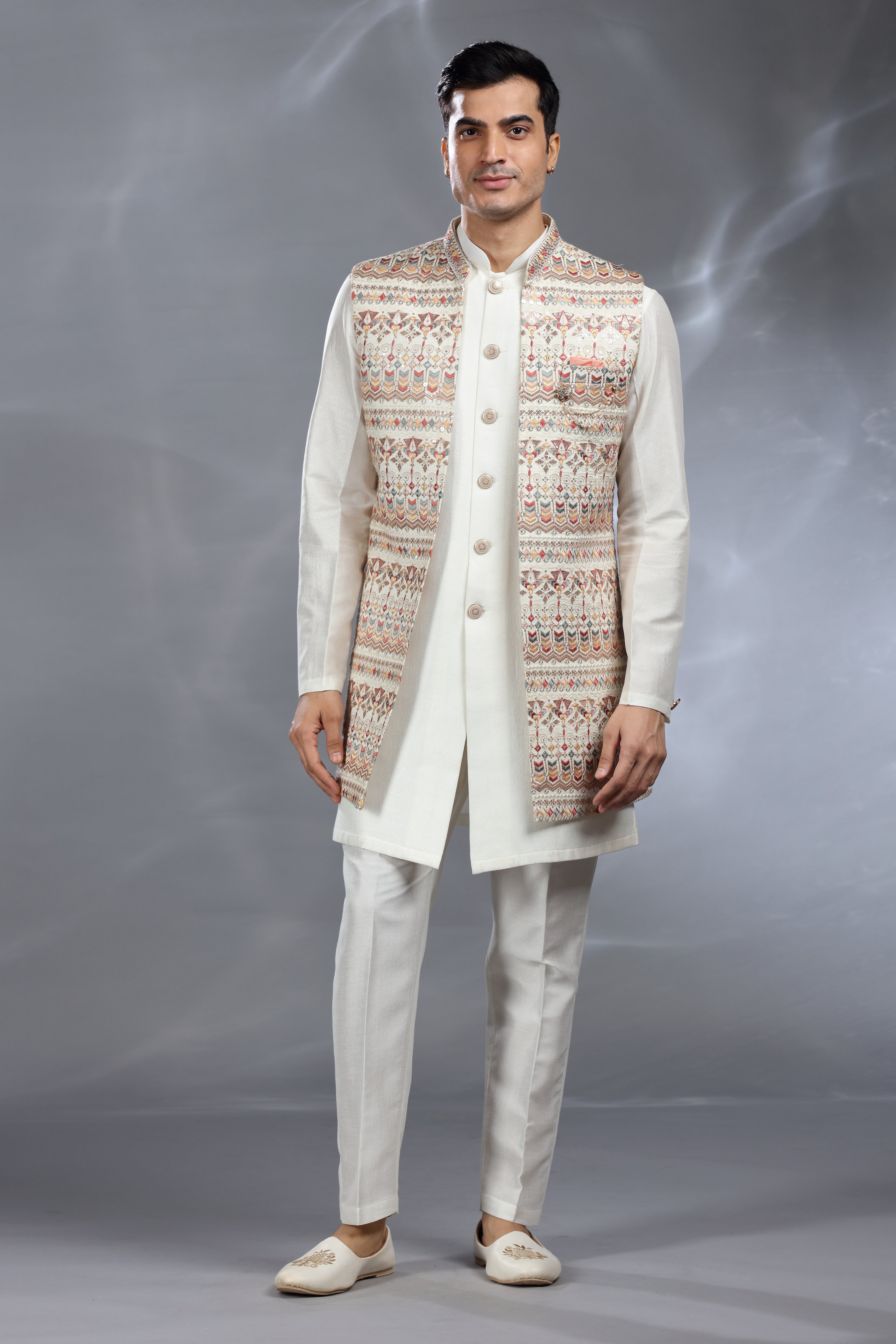 Ivory Silk Jacket Set with Thread, Aari & Sequence Work