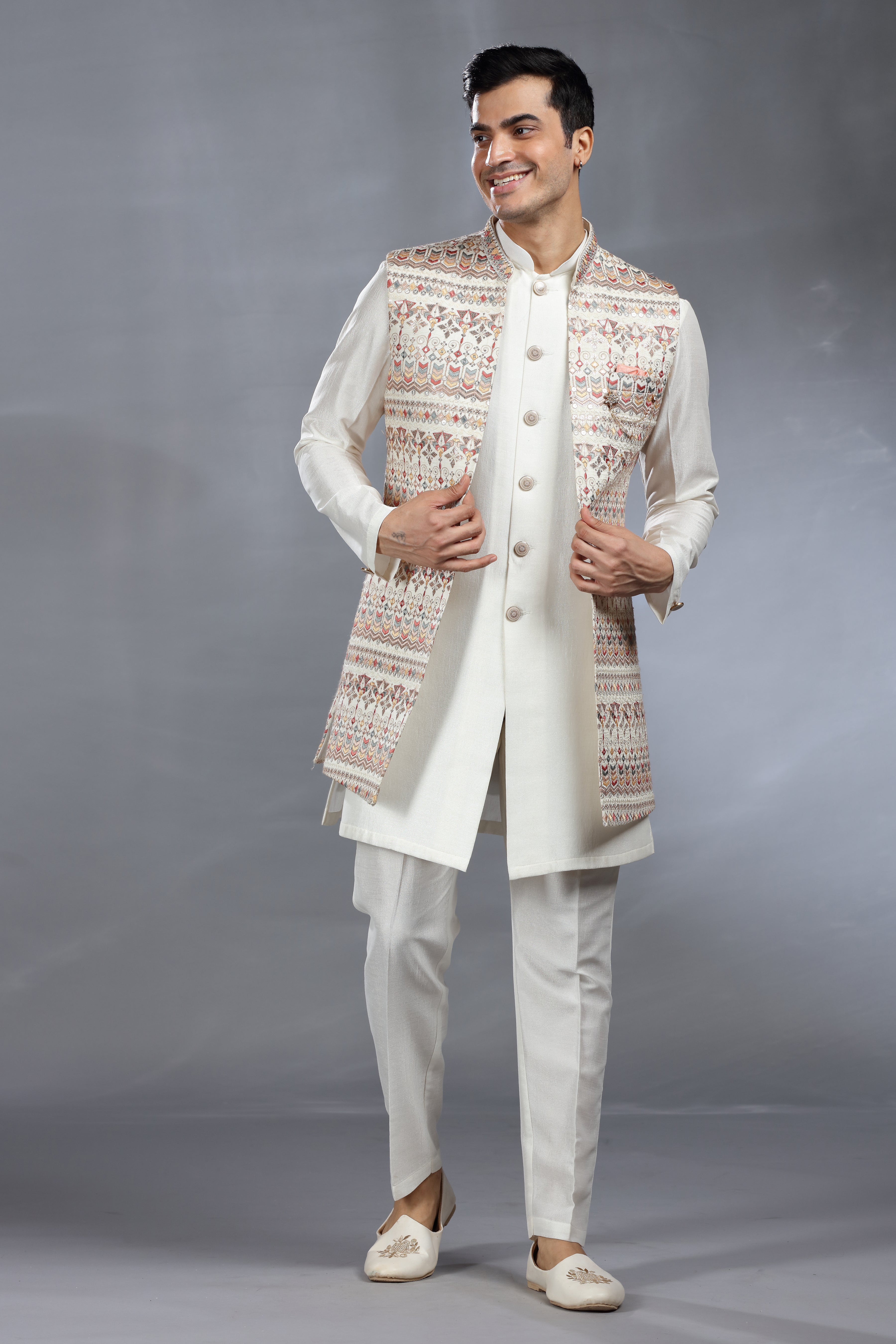 Ivory Silk Jacket Set with Thread, Aari & Sequence Work