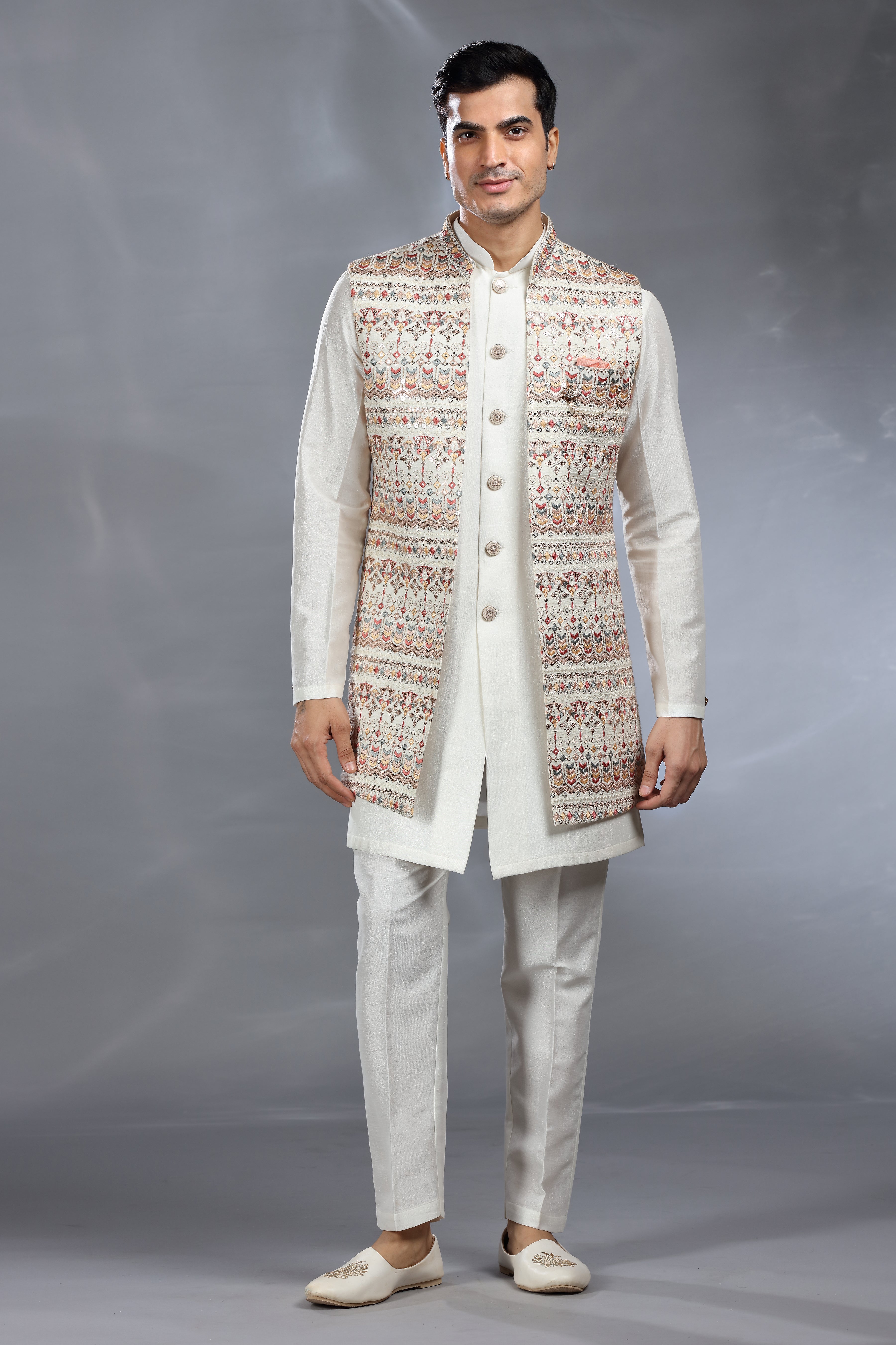 Ivory Silk Jacket Set with Thread, Aari & Sequence Work