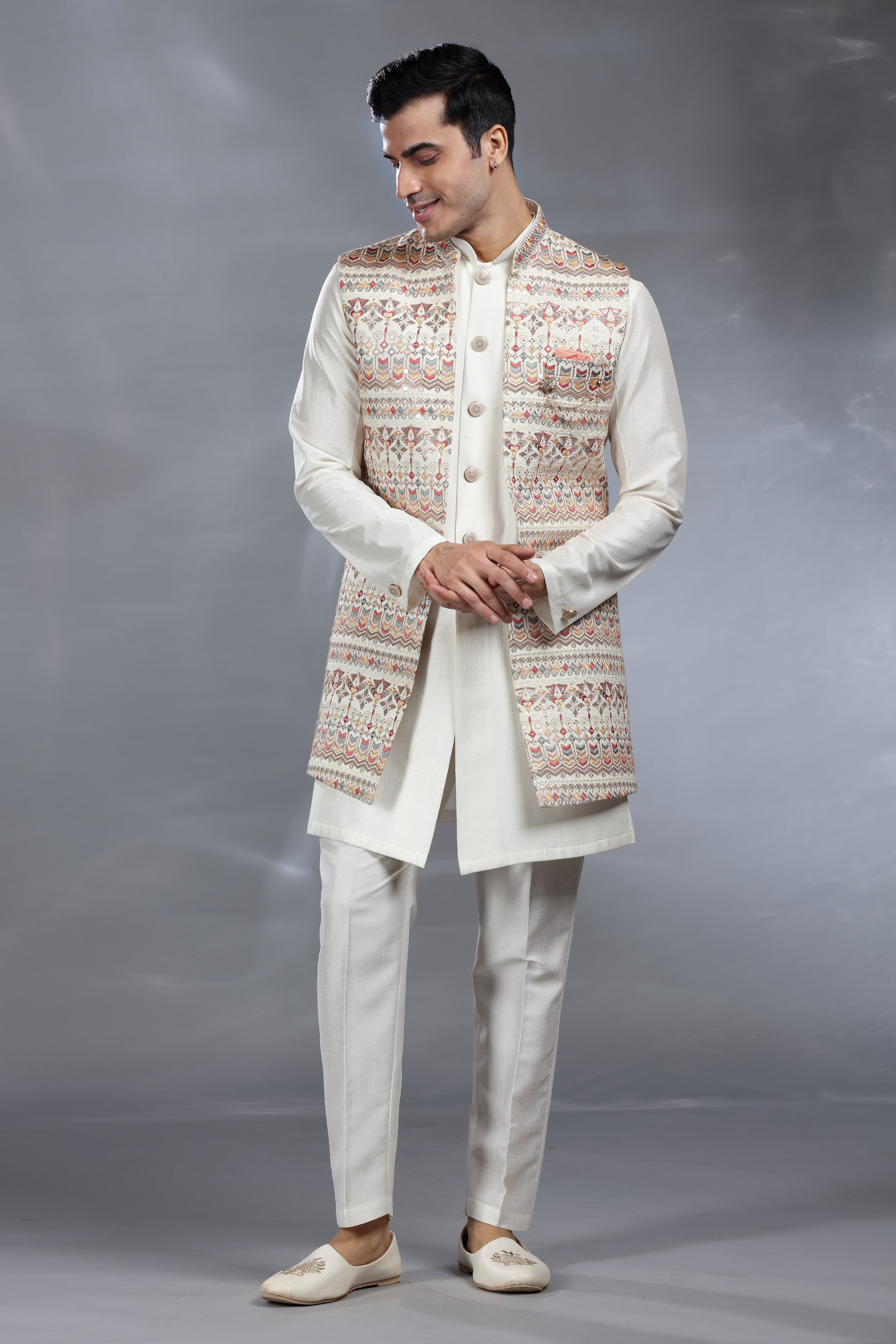 Ivory Silk Jacket Set with Thread, Aari & Sequence Work