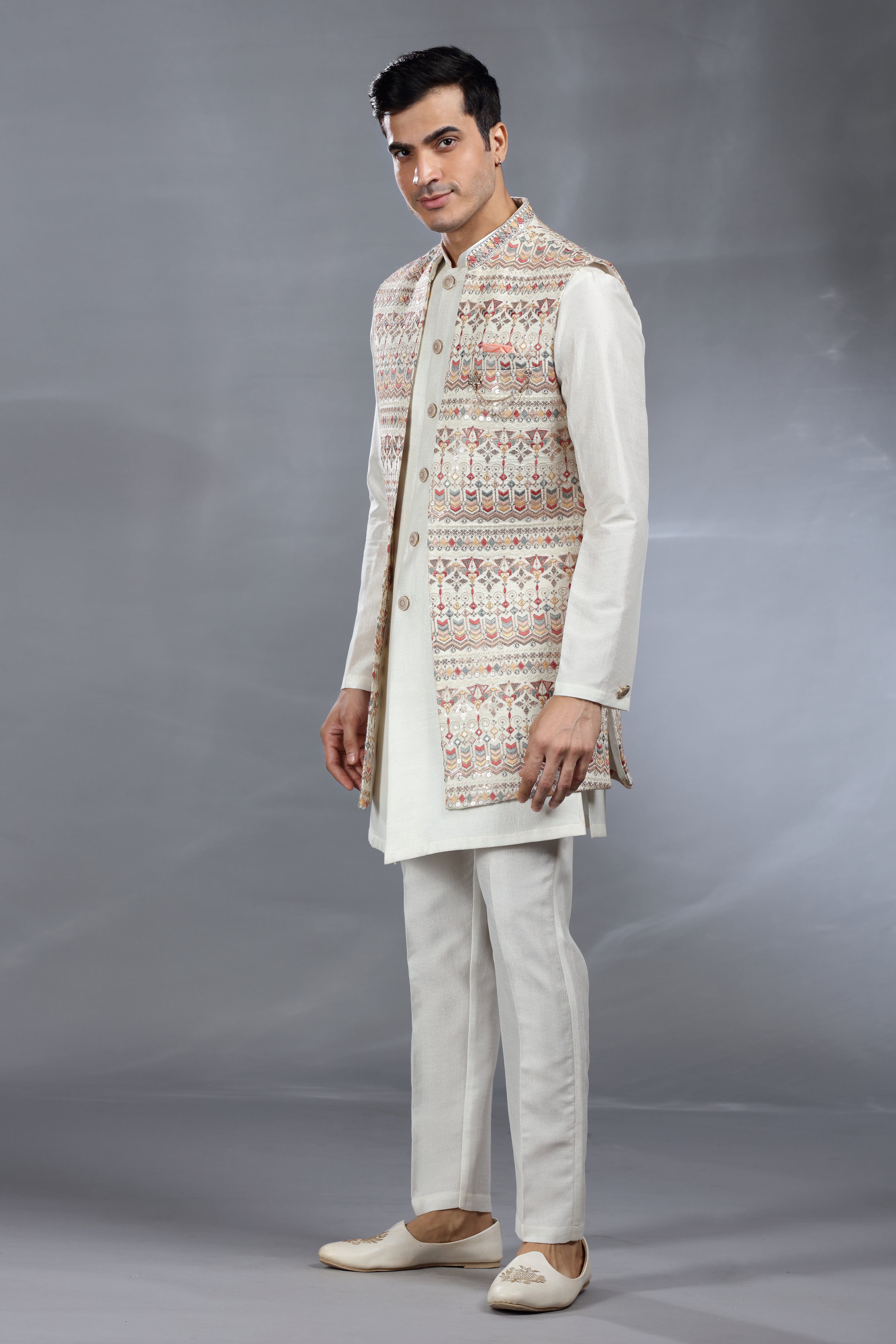 Ivory Silk Jacket Set with Thread, Aari & Sequence Work