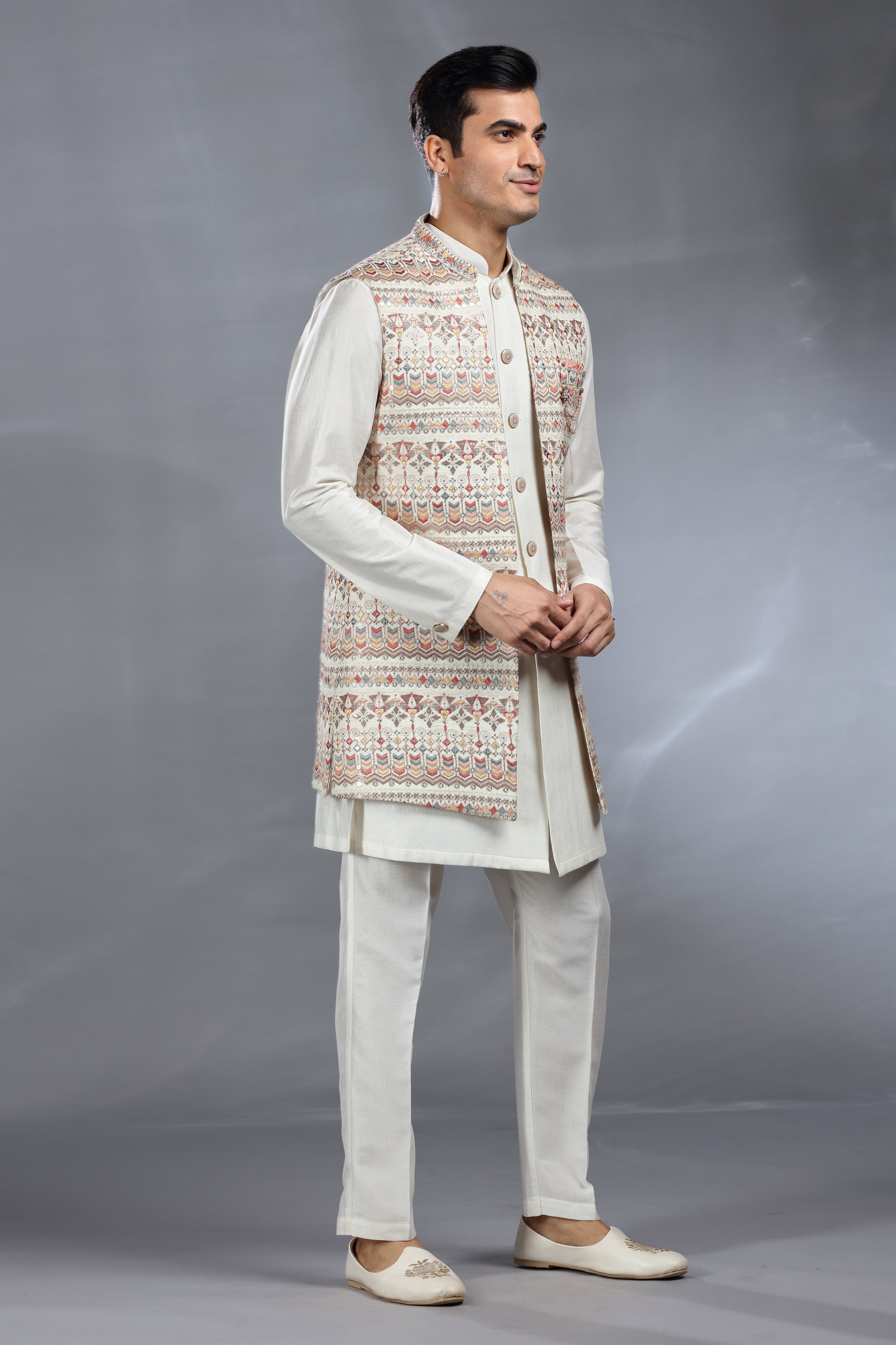 Ivory Silk Jacket Set with Thread, Aari & Sequence Work