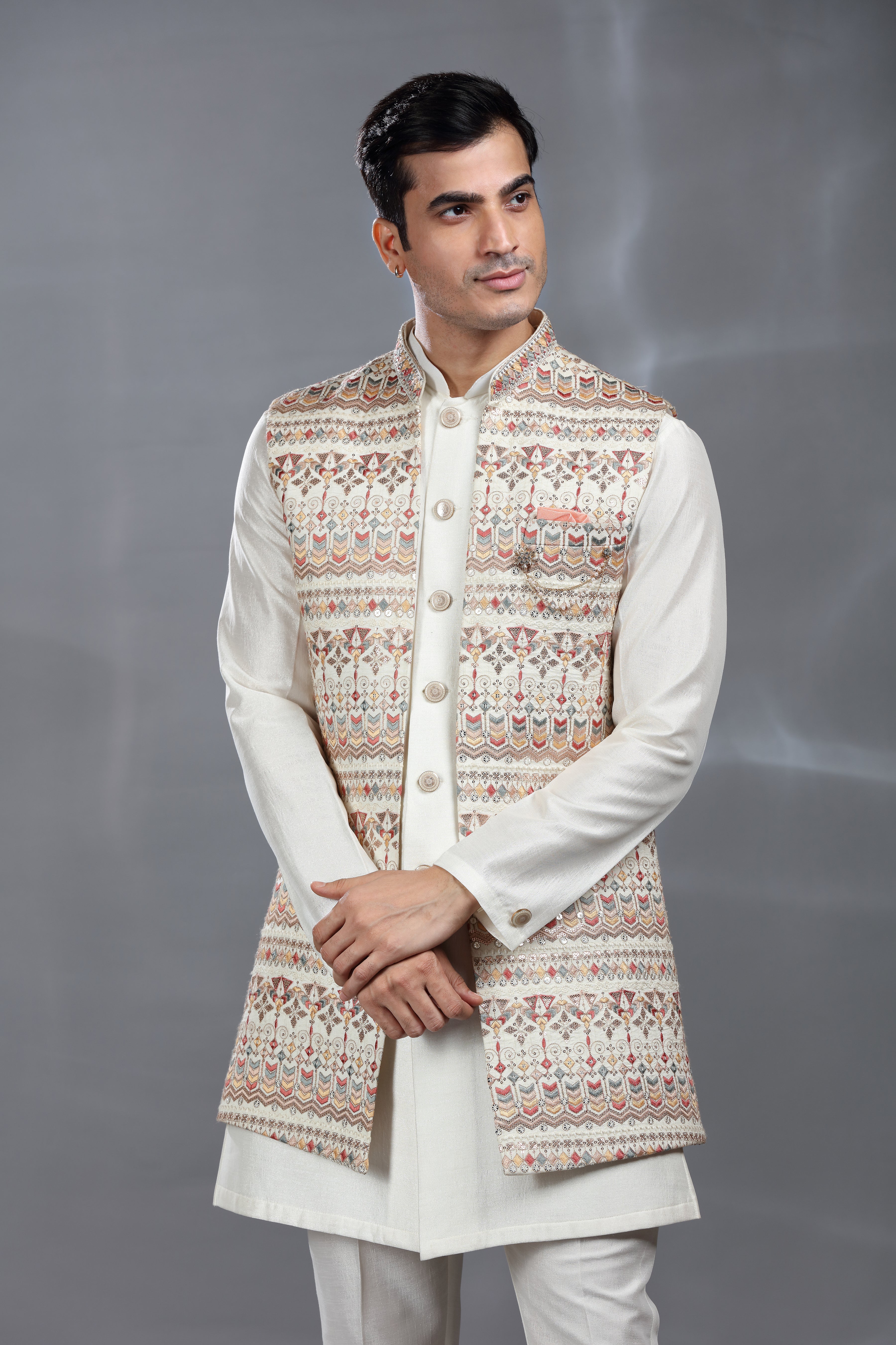 Ivory Silk Jacket Set with Thread, Aari & Sequence Work