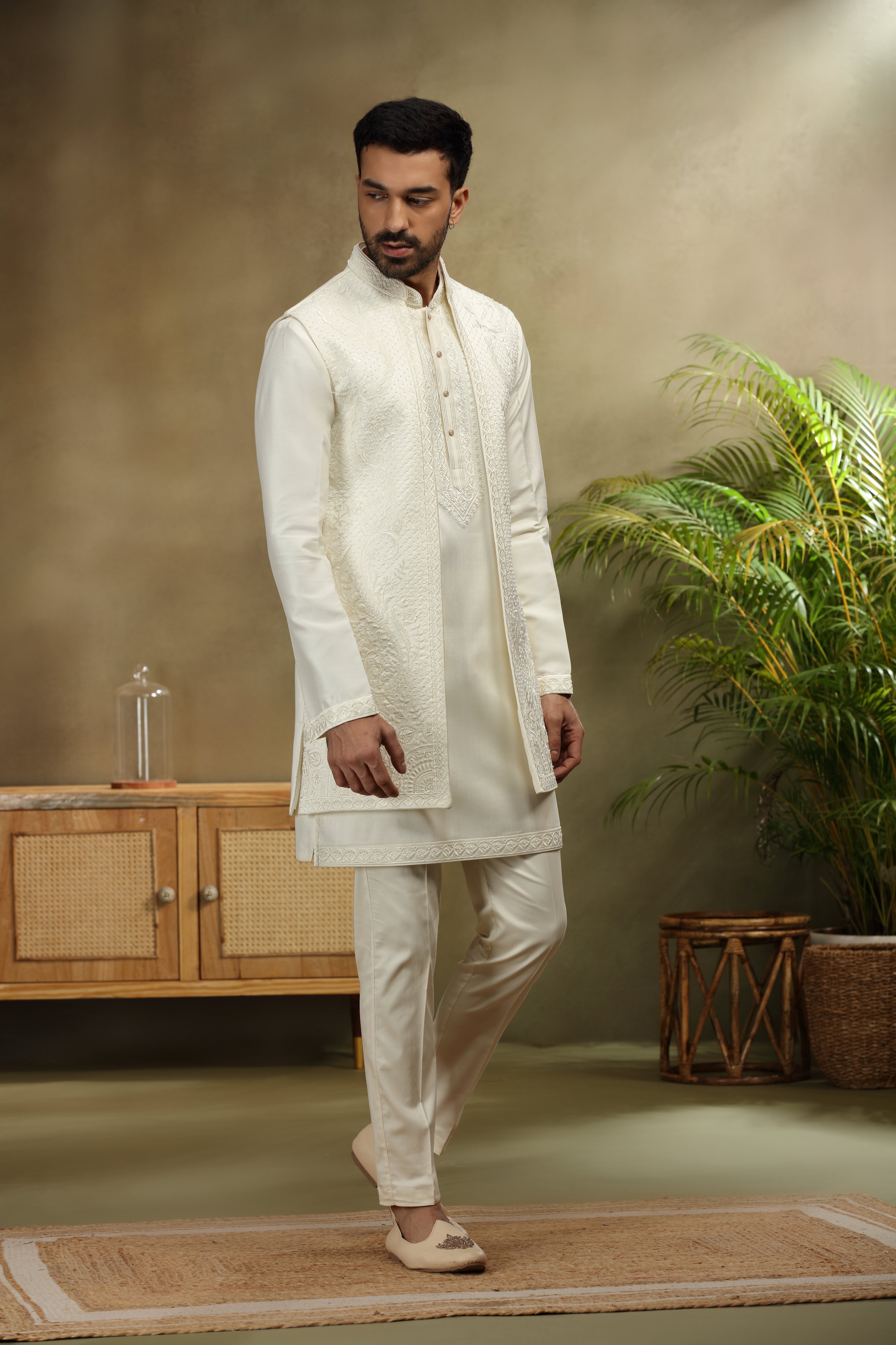 Ivory Silk Koti Kurta Set with Classic Resham Work