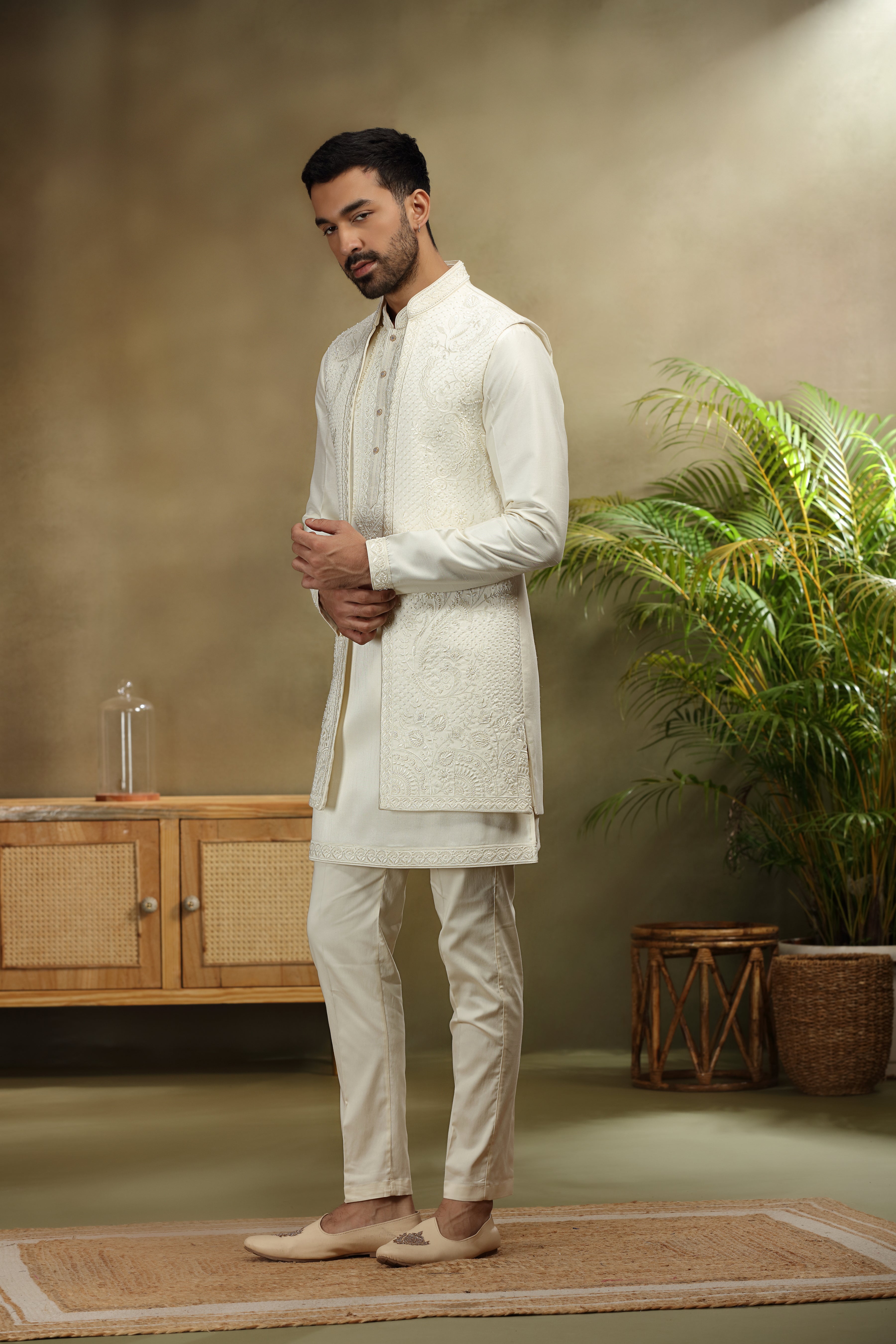 Ivory Silk Koti Kurta Set with Classic Resham Work