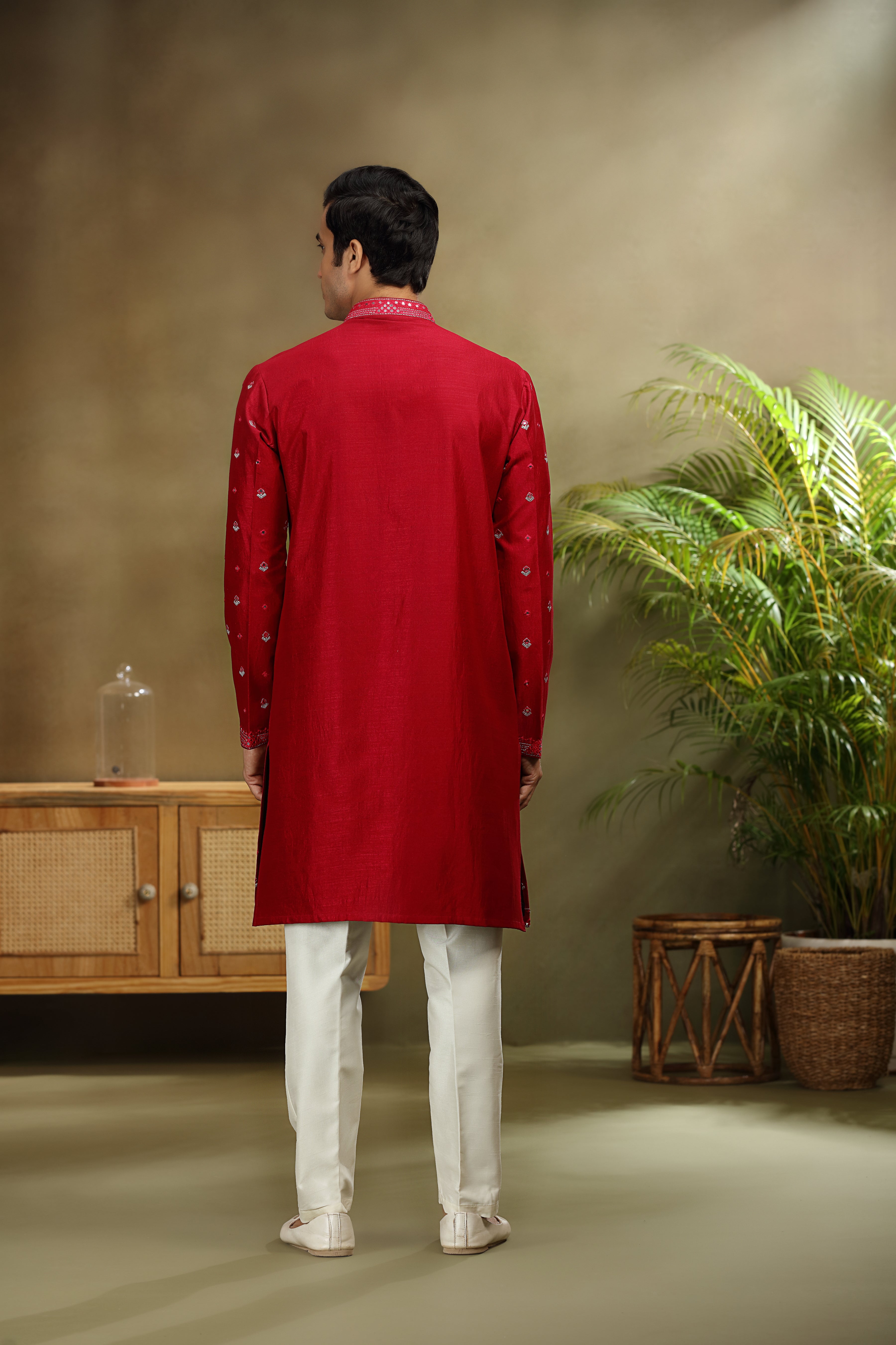 Red Silk Kurta Set with Mirror and Kasab Work