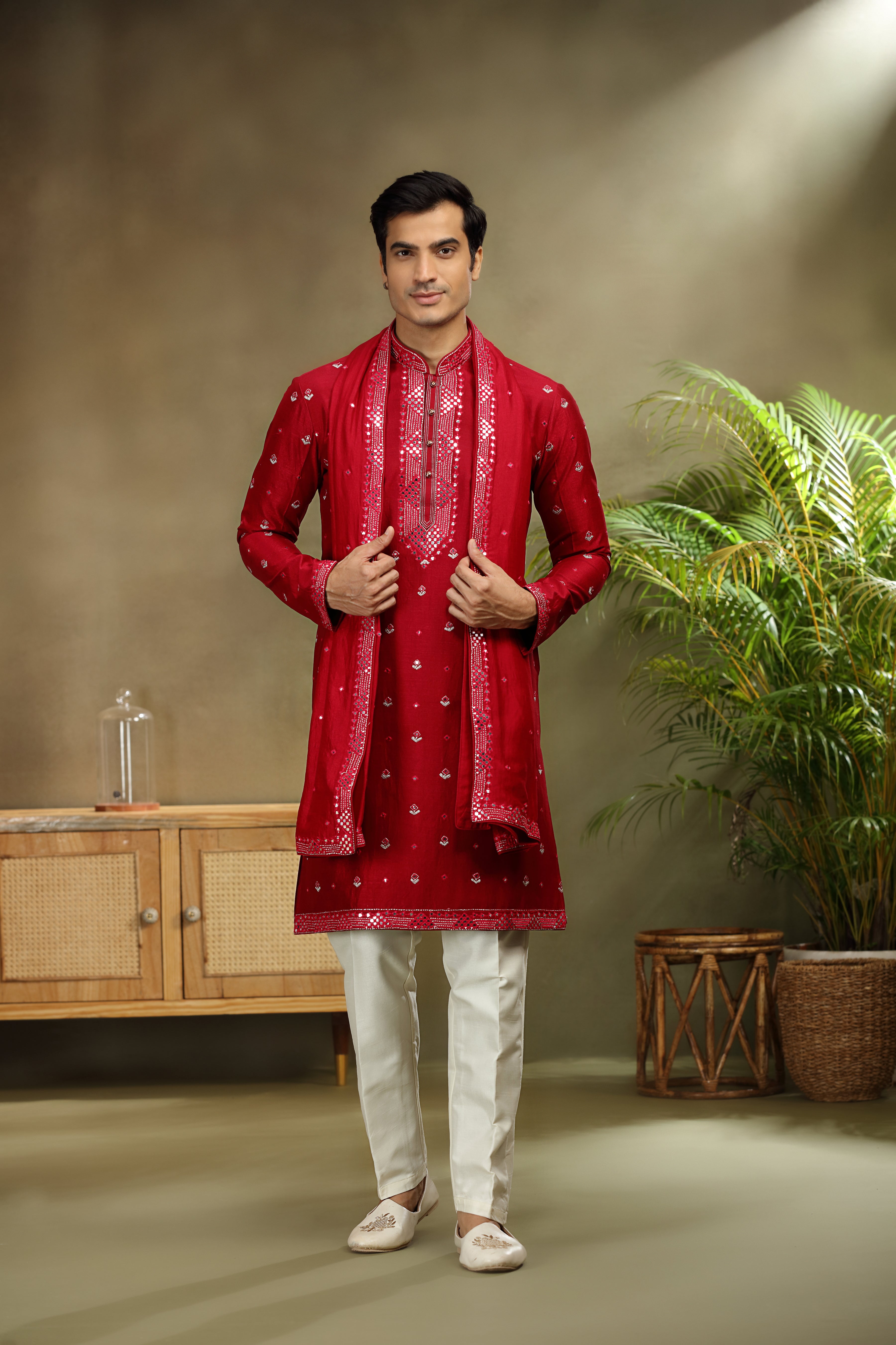 Red Silk Kurta Set with Mirror and Kasab Work