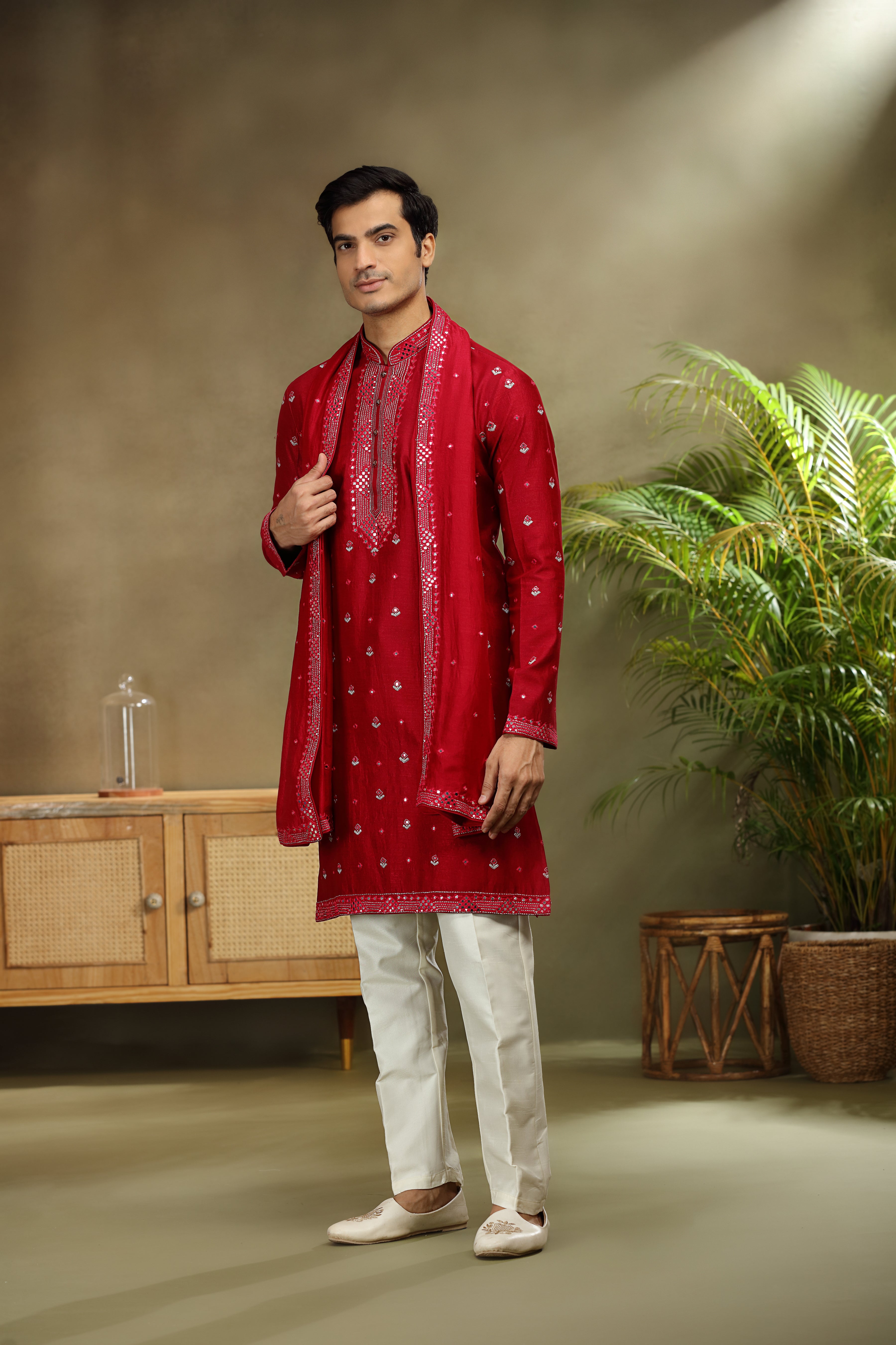 Red Silk Kurta Set with Mirror and Kasab Work