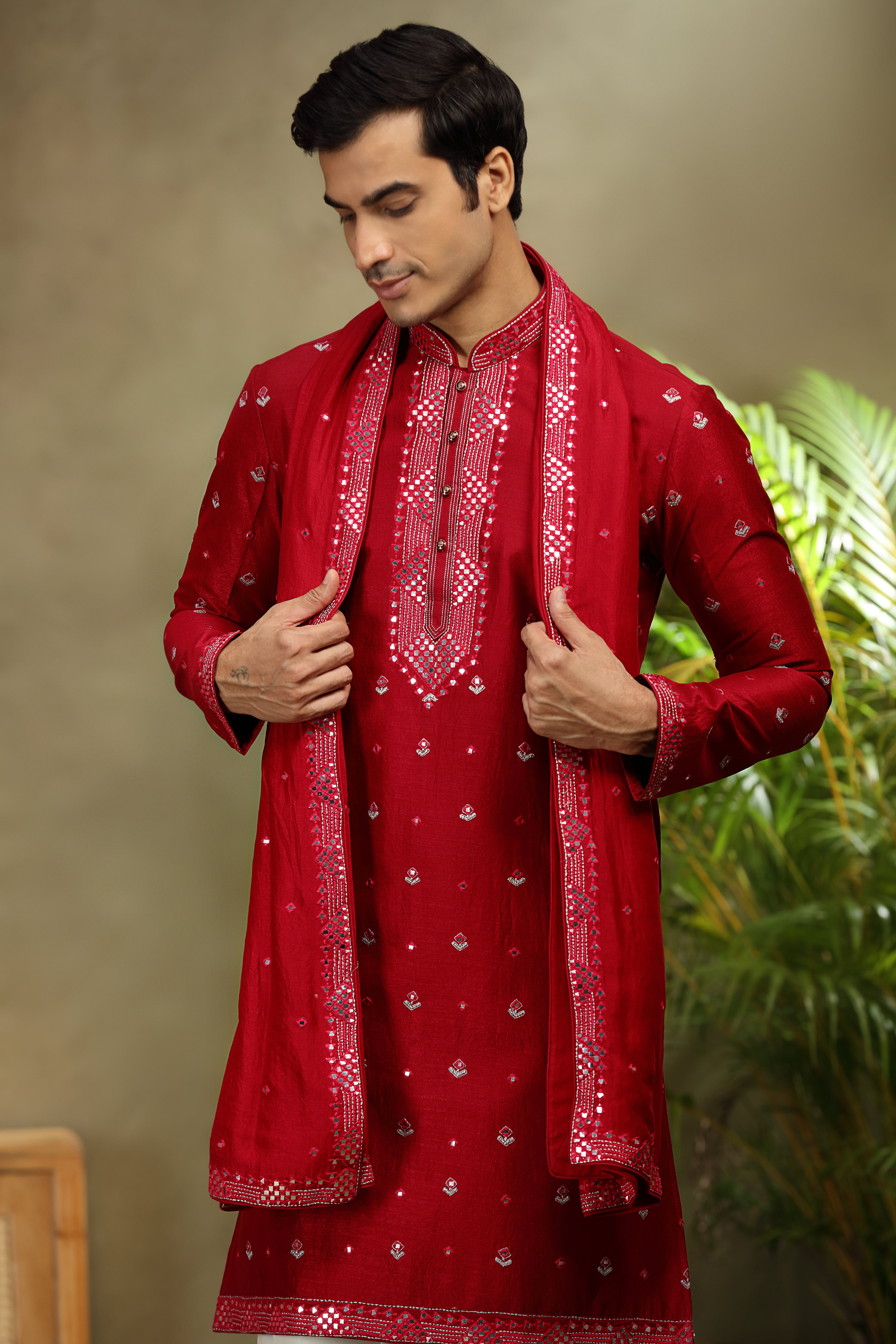 Red Silk Kurta Set with Mirror and Kasab Work
