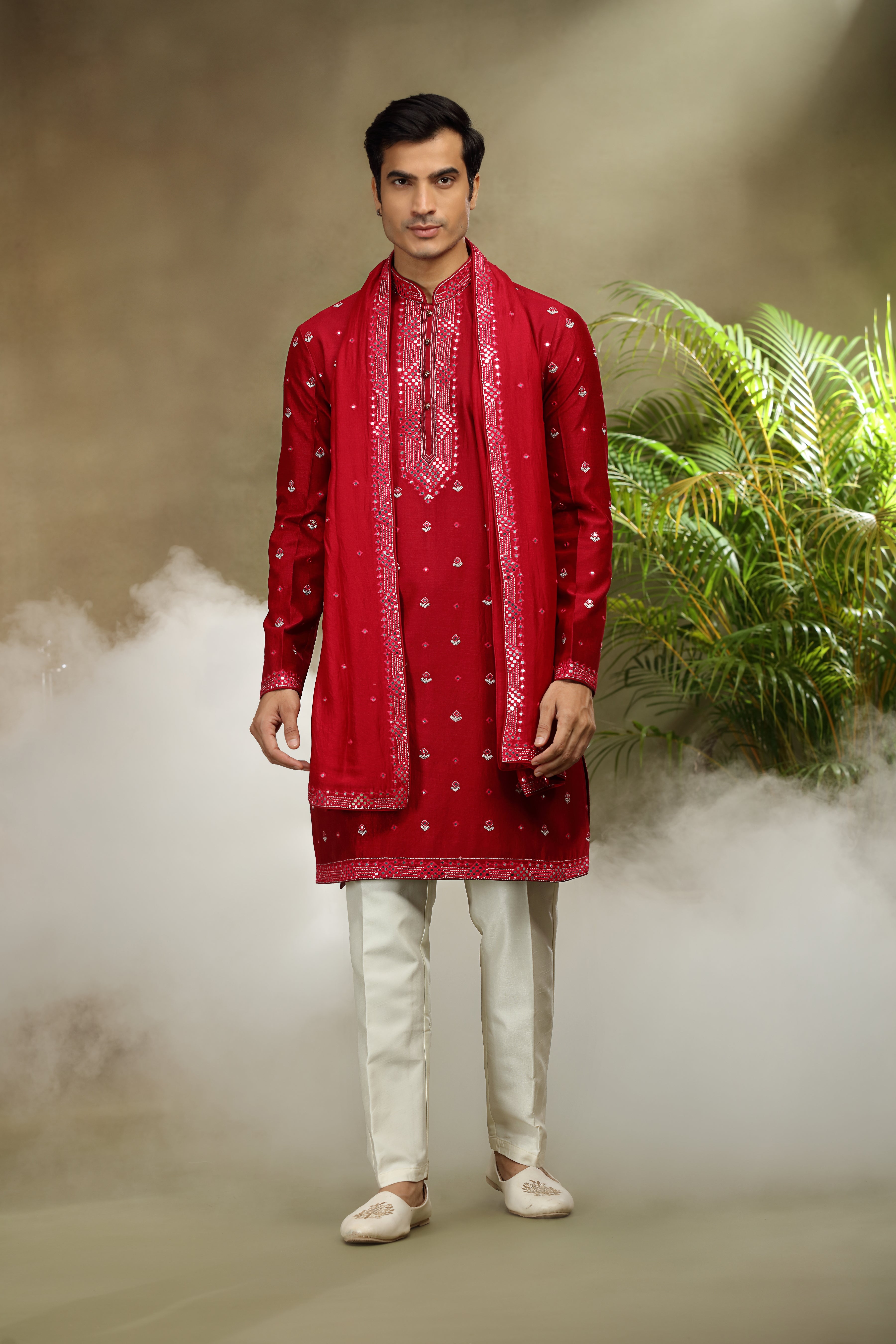 Red Silk Kurta Set with Mirror and Kasab Work