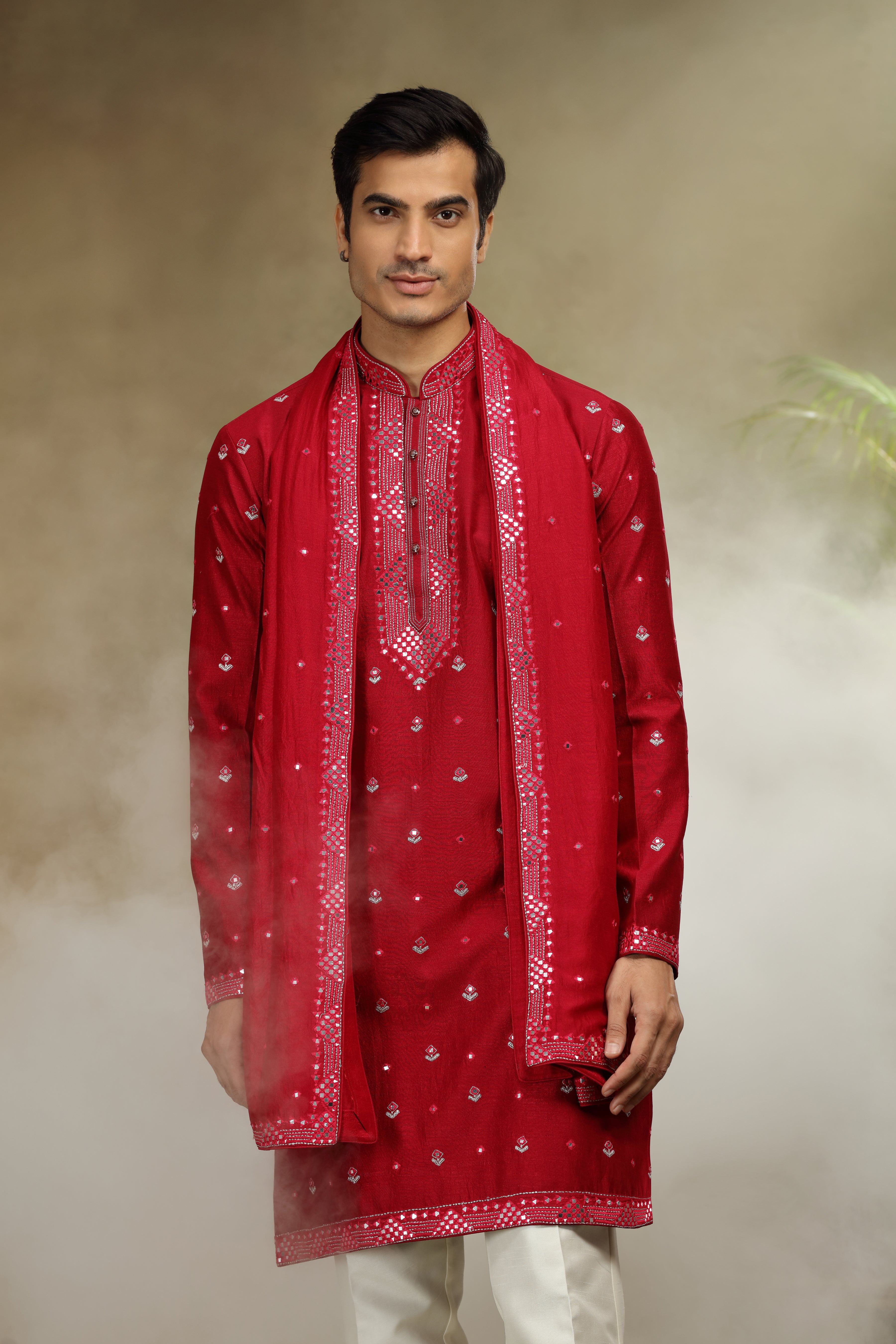Red Silk Kurta Set with Mirror and Kasab Work
