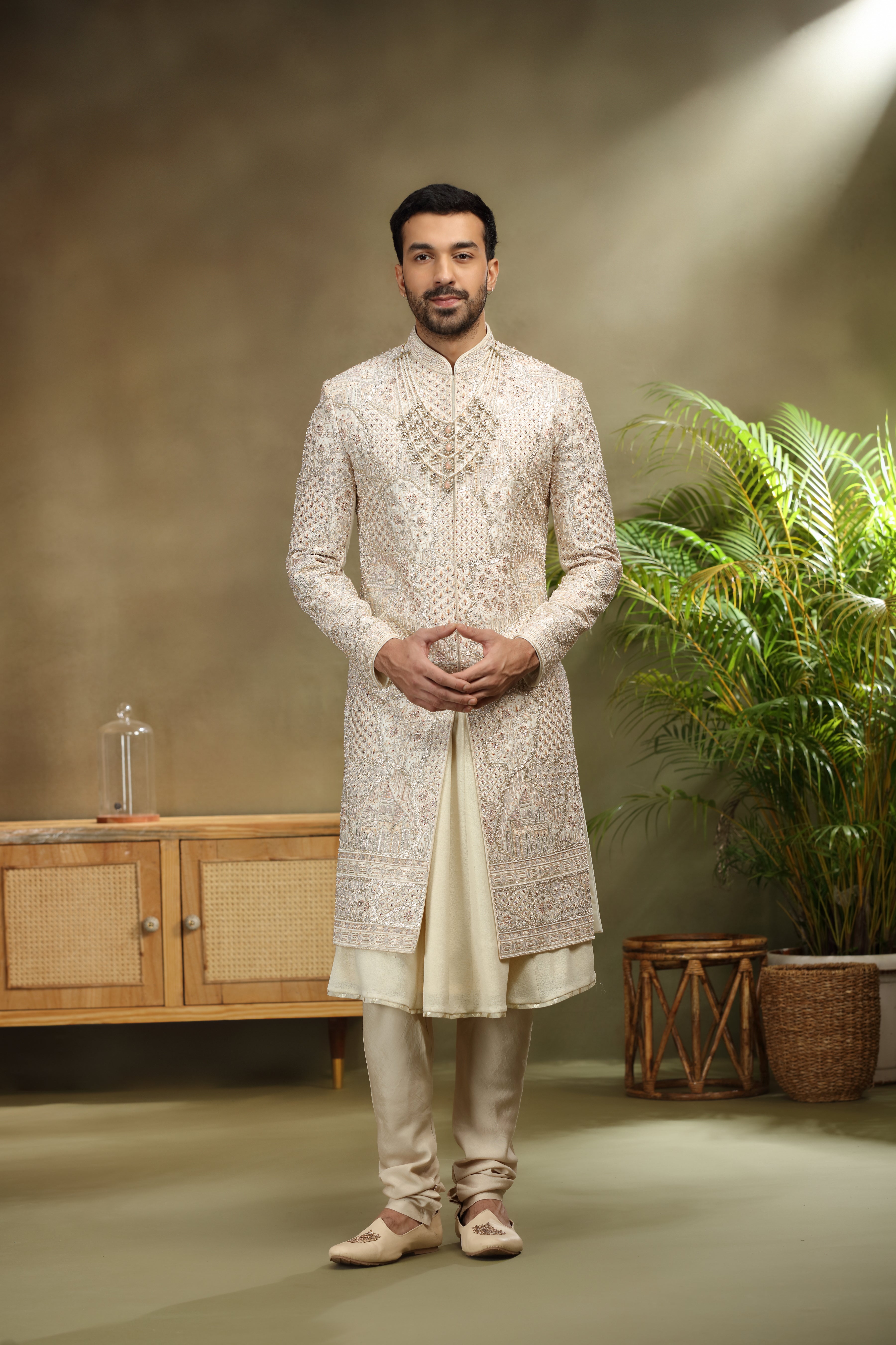 Cream Silk Sherwani with Zardoshi, Resham and Kasab Work