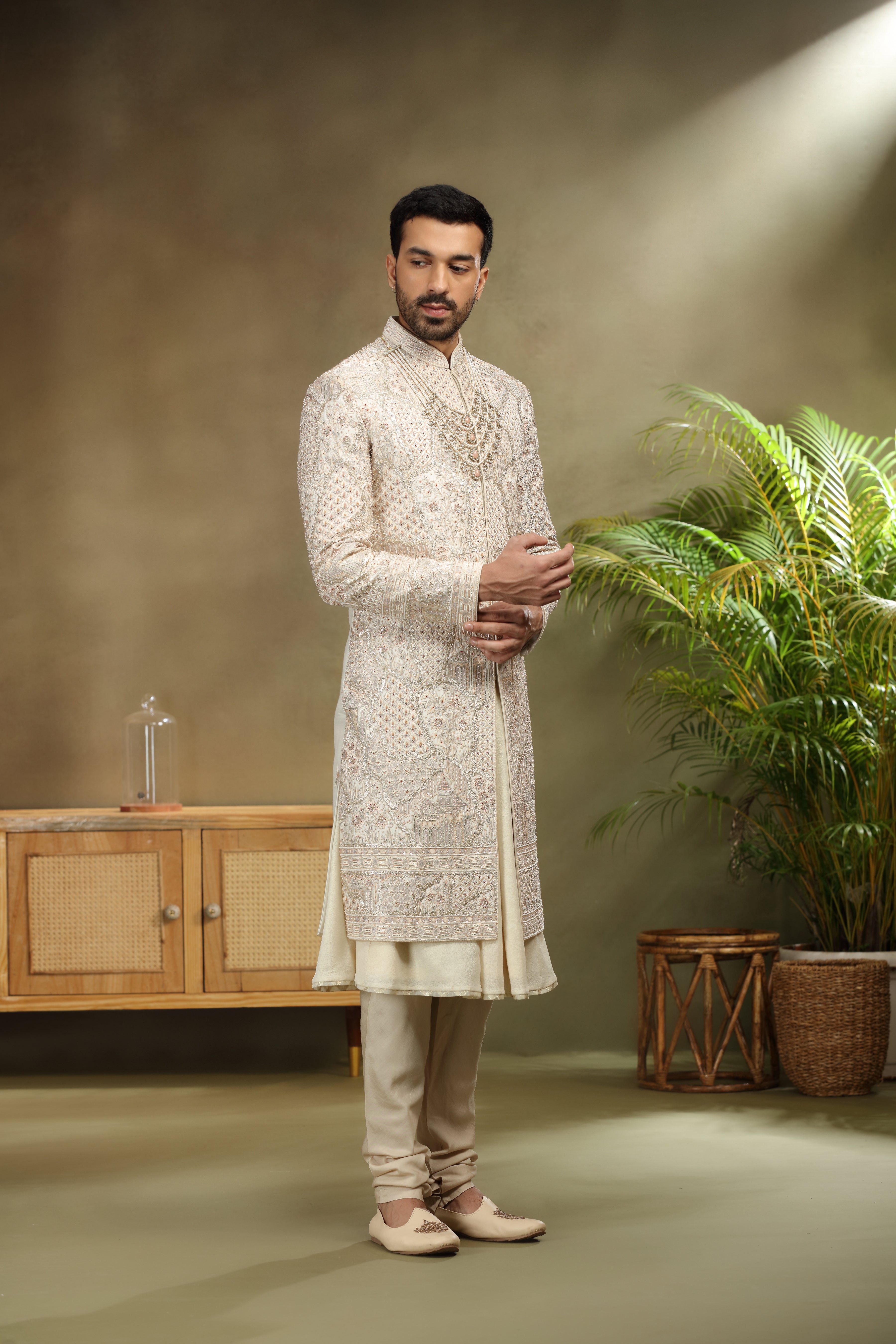 Cream Silk Sherwani with Zardoshi, Resham and Kasab Work