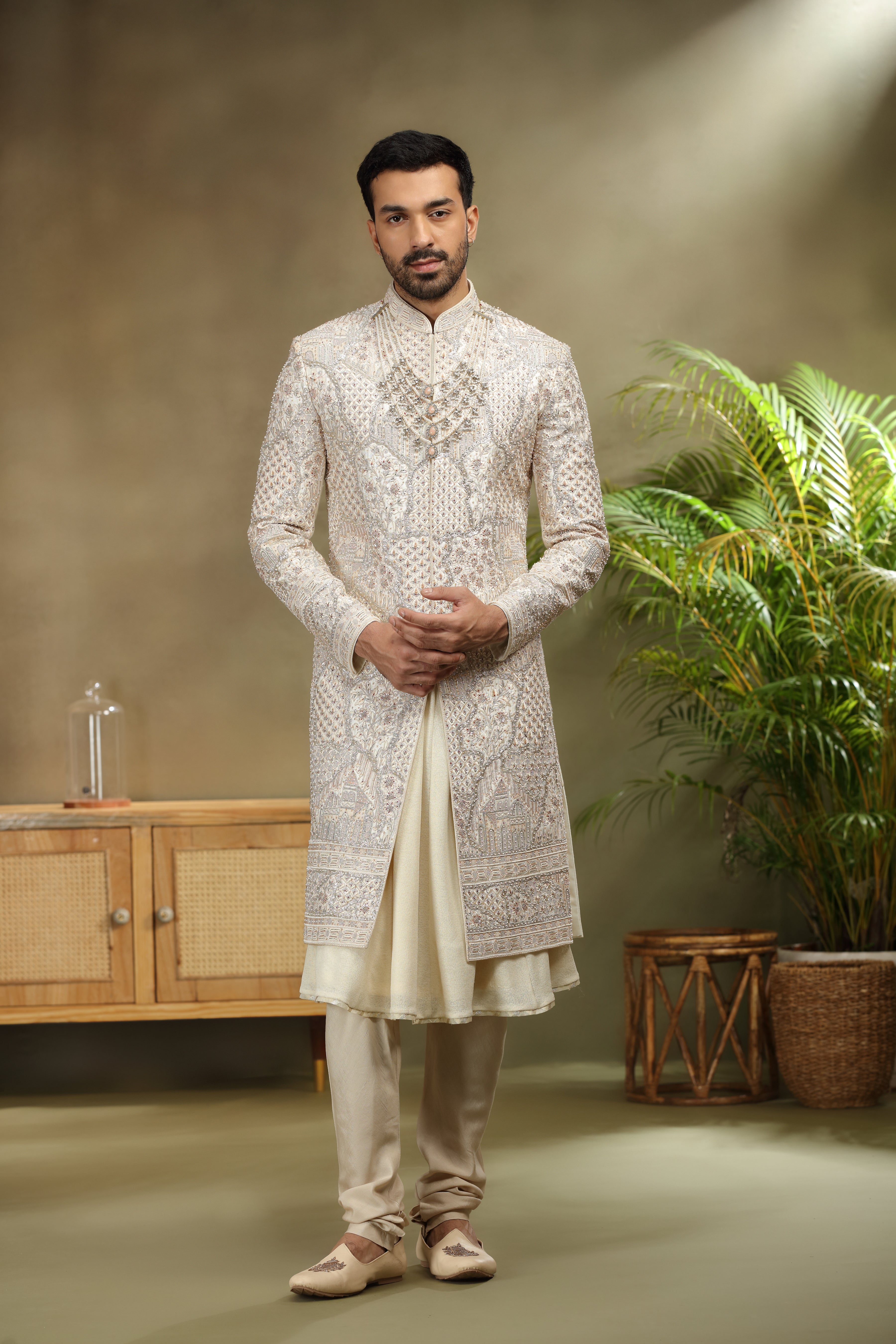 Cream Silk Sherwani with Zardoshi, Resham and Kasab Work