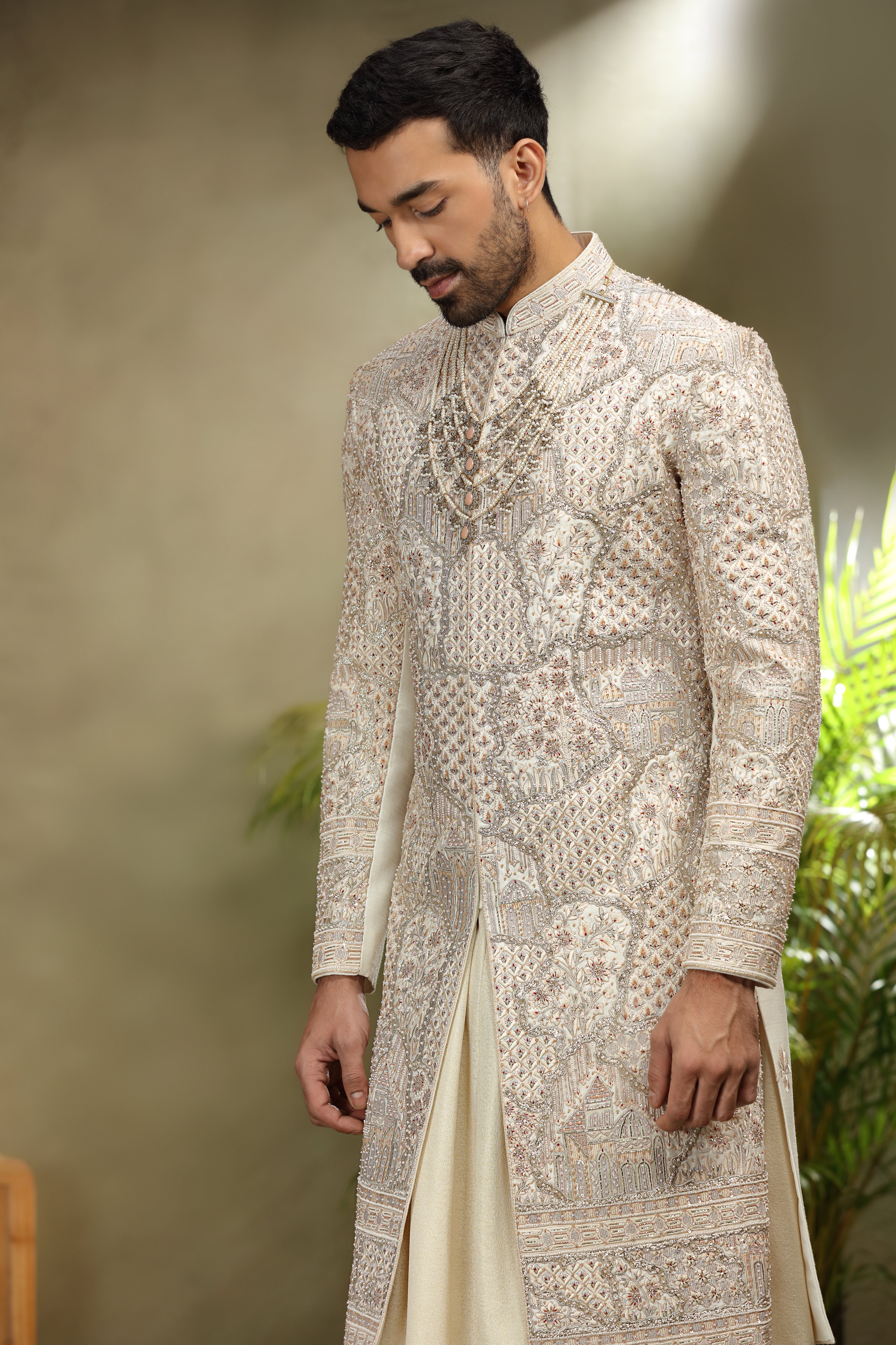 Cream Silk Sherwani with Zardoshi, Resham and Kasab Work