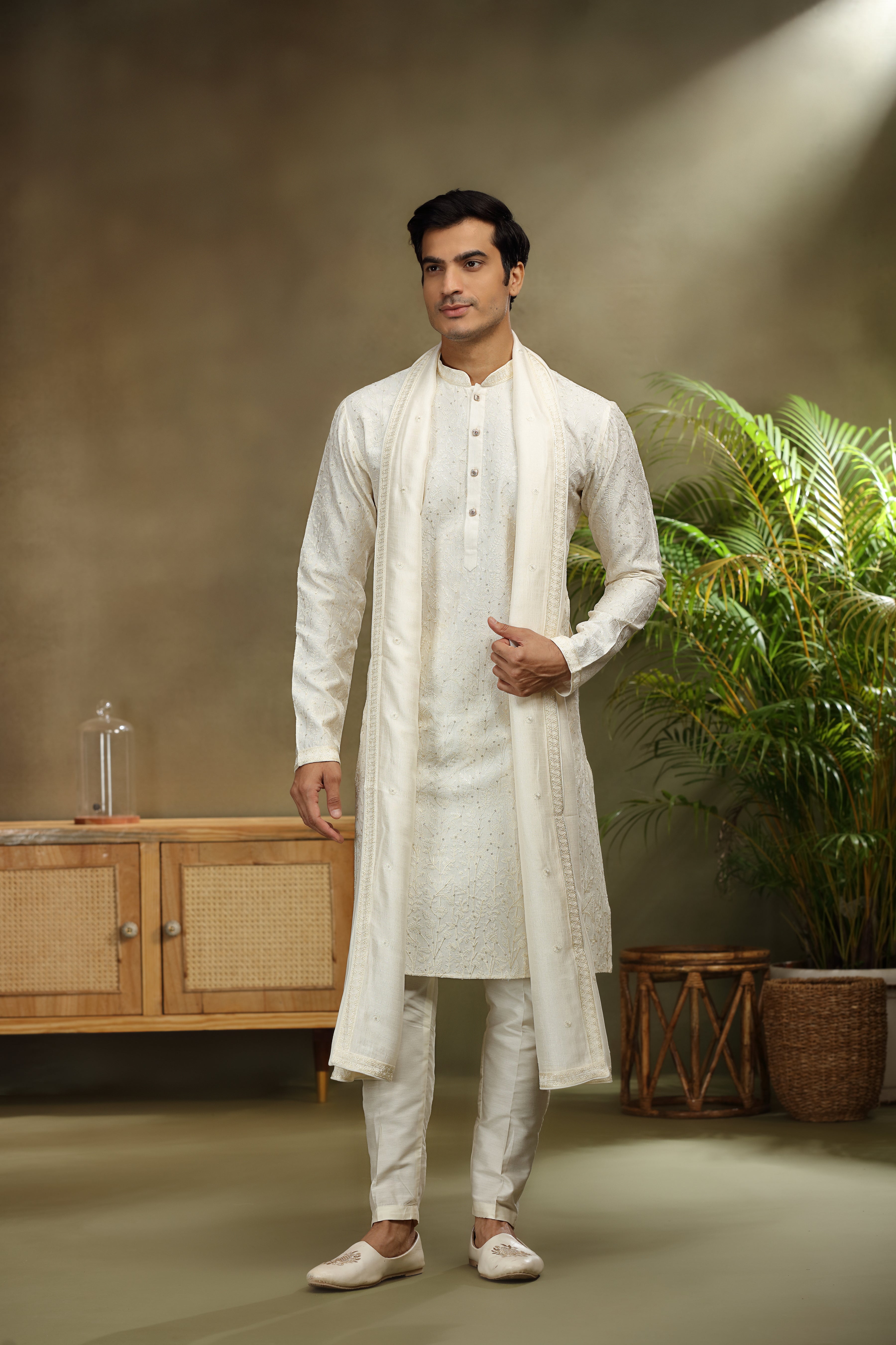 Ivory Silk Kurta Set with Resham and Sequins Work