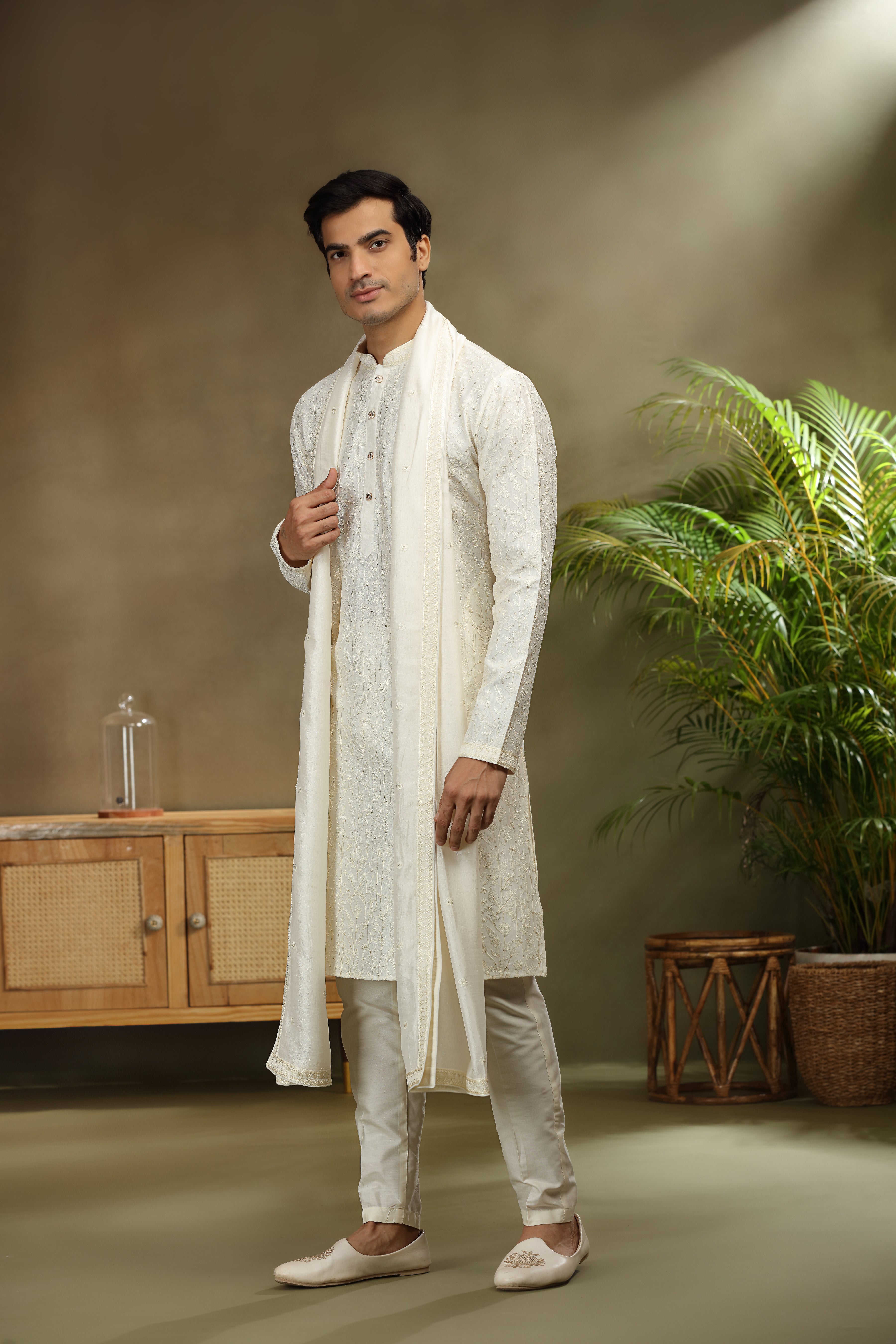 Ivory Silk Kurta Set with Resham and Sequins Work
