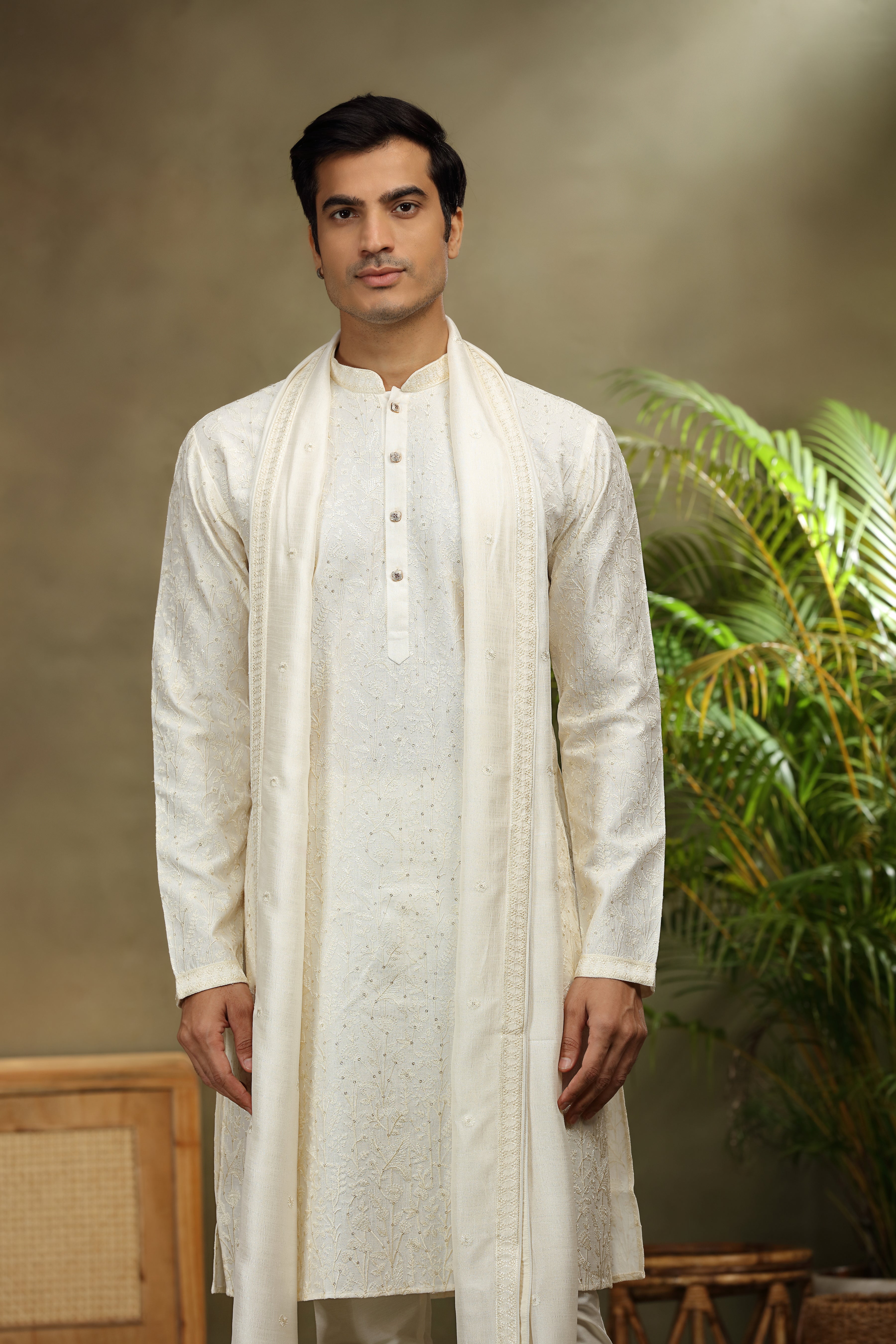 Ivory Silk Kurta Set with Resham and Sequins Work