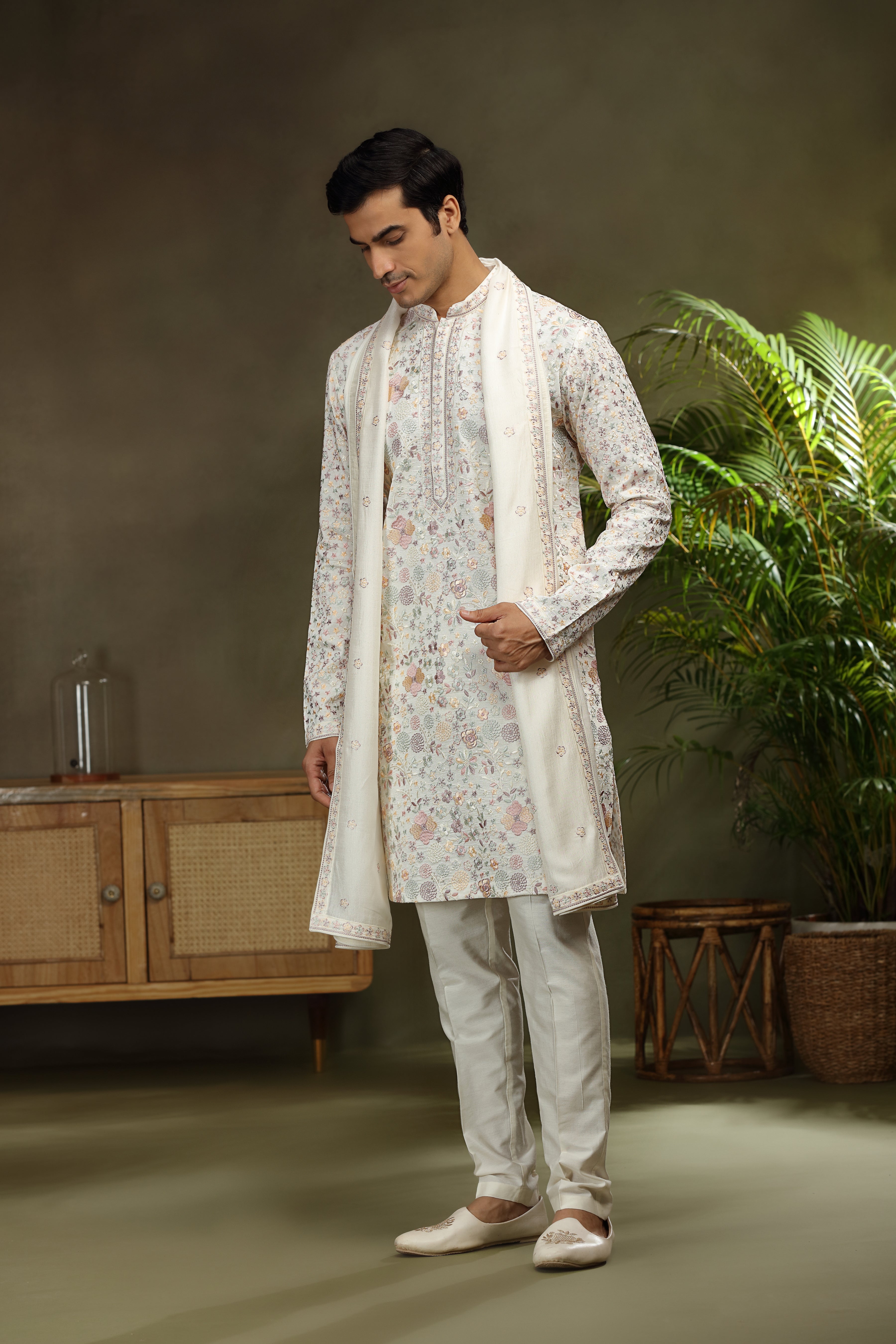 Ivory Silk Kurta Set with Classic Resham Work