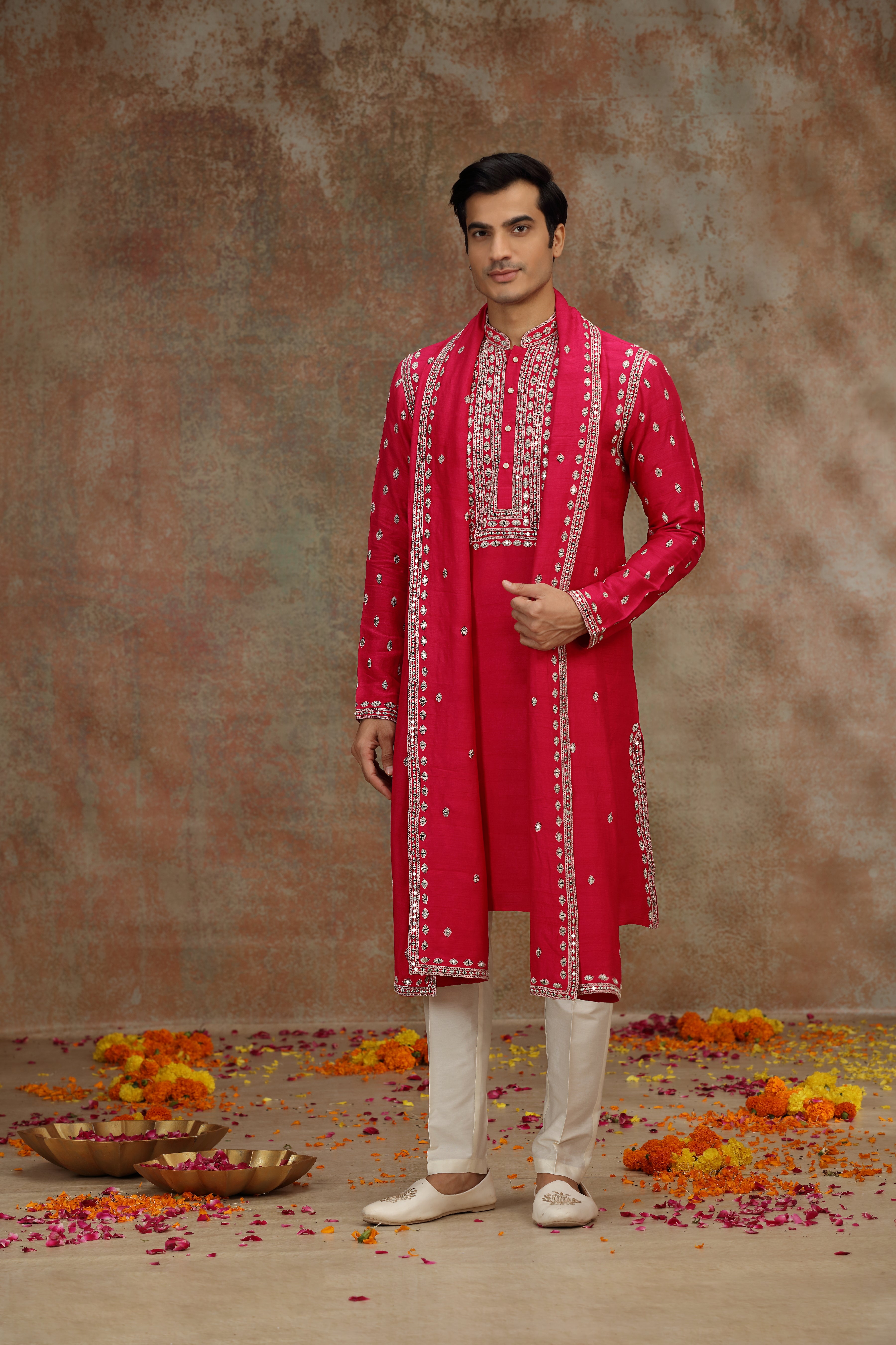 Maroon Silk Kurta Set with Mirror and Dori Work