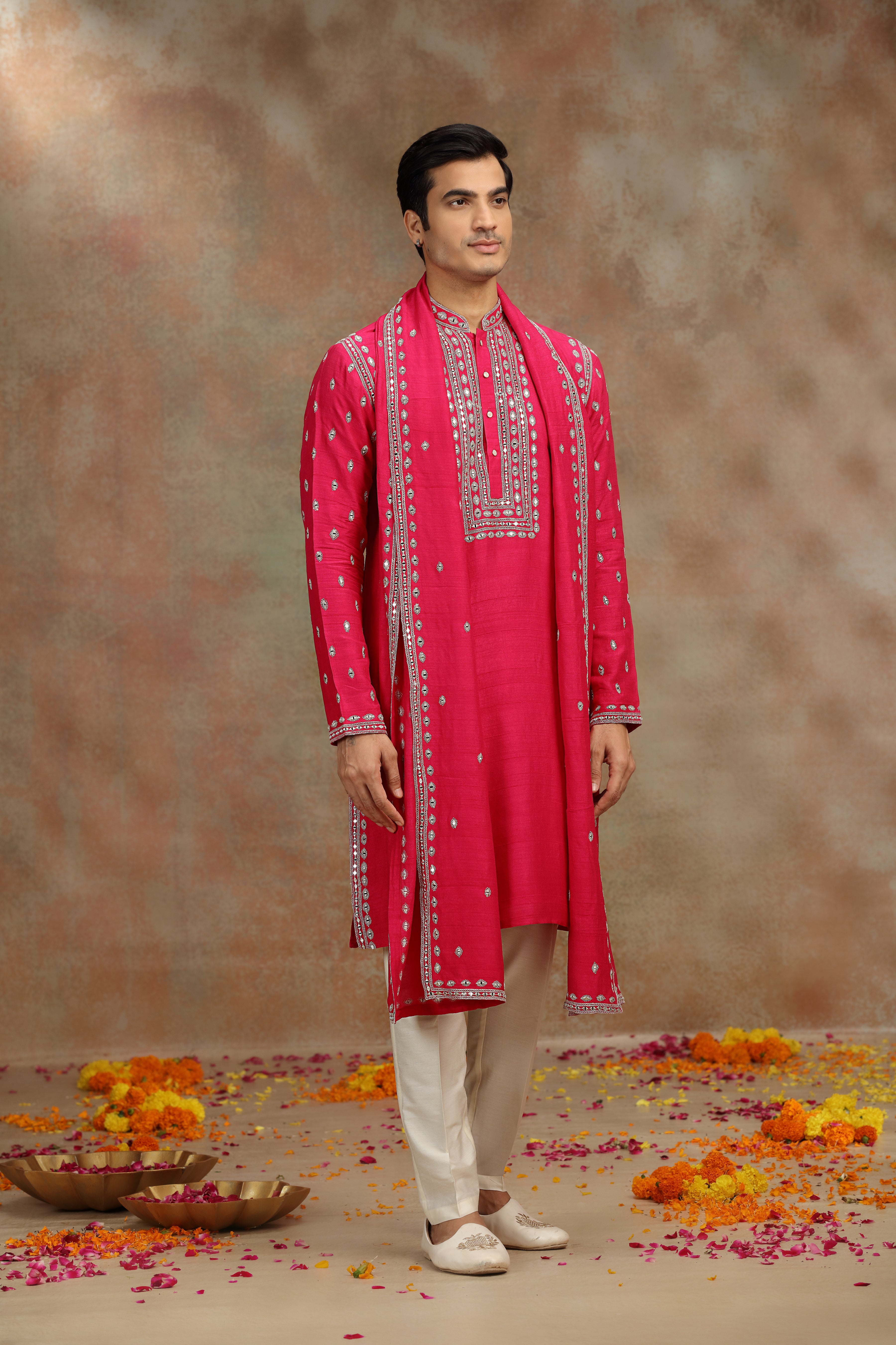 Maroon Silk Kurta Set with Mirror and Dori Work