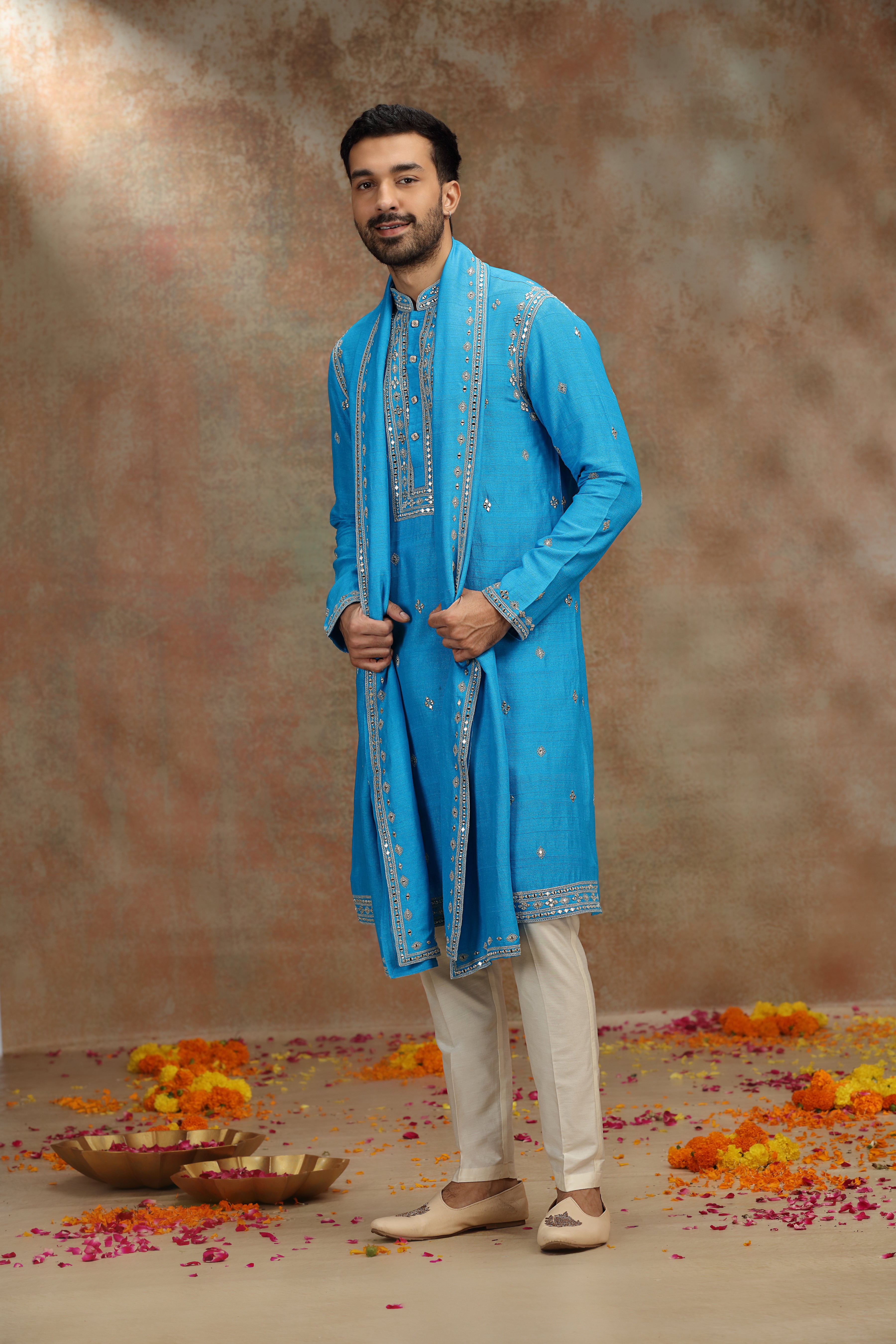Cobalt Blue Silk Kurta Set with Mirror and Dori Work