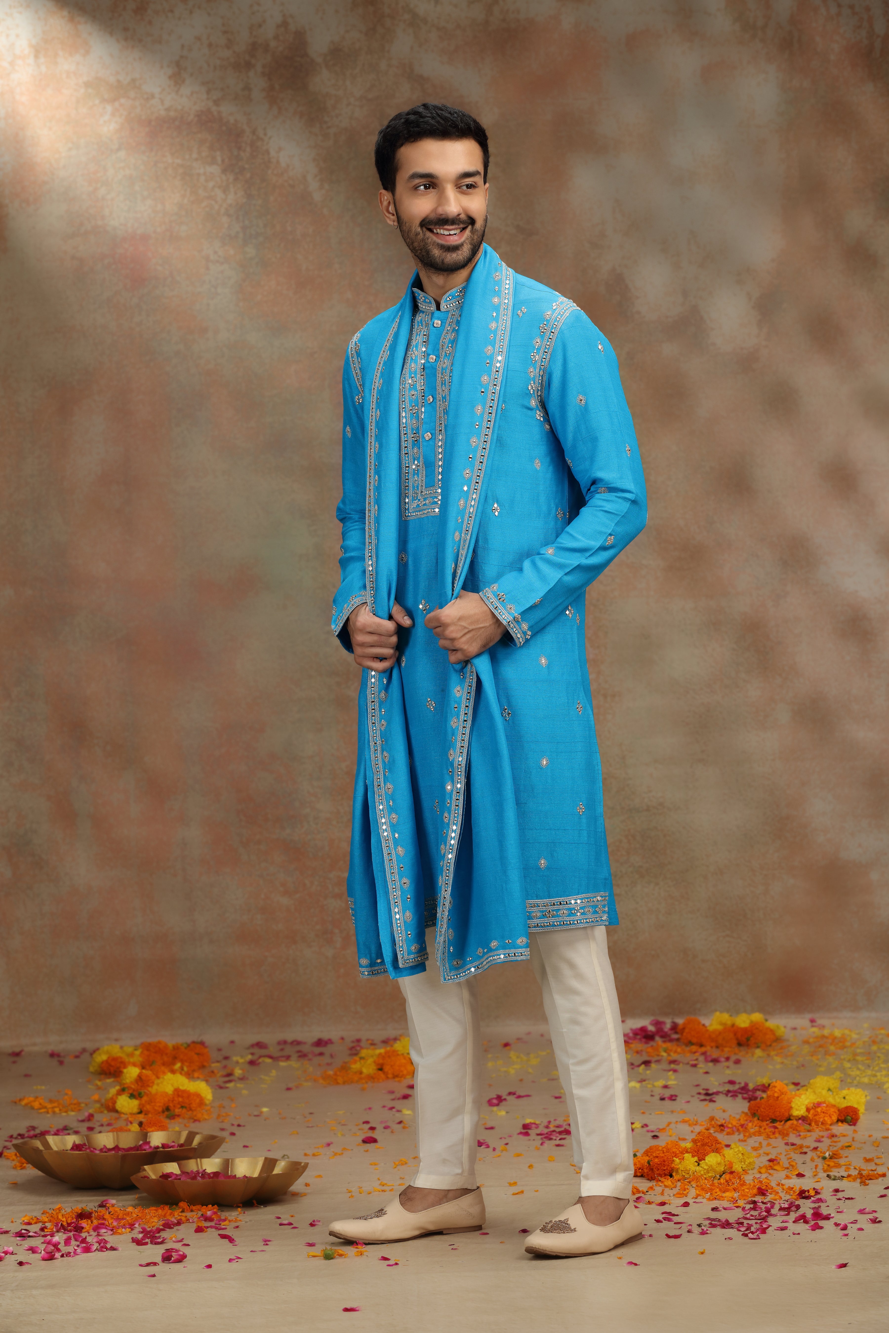 Cobalt Blue Silk Kurta Set with Mirror and Dori Work