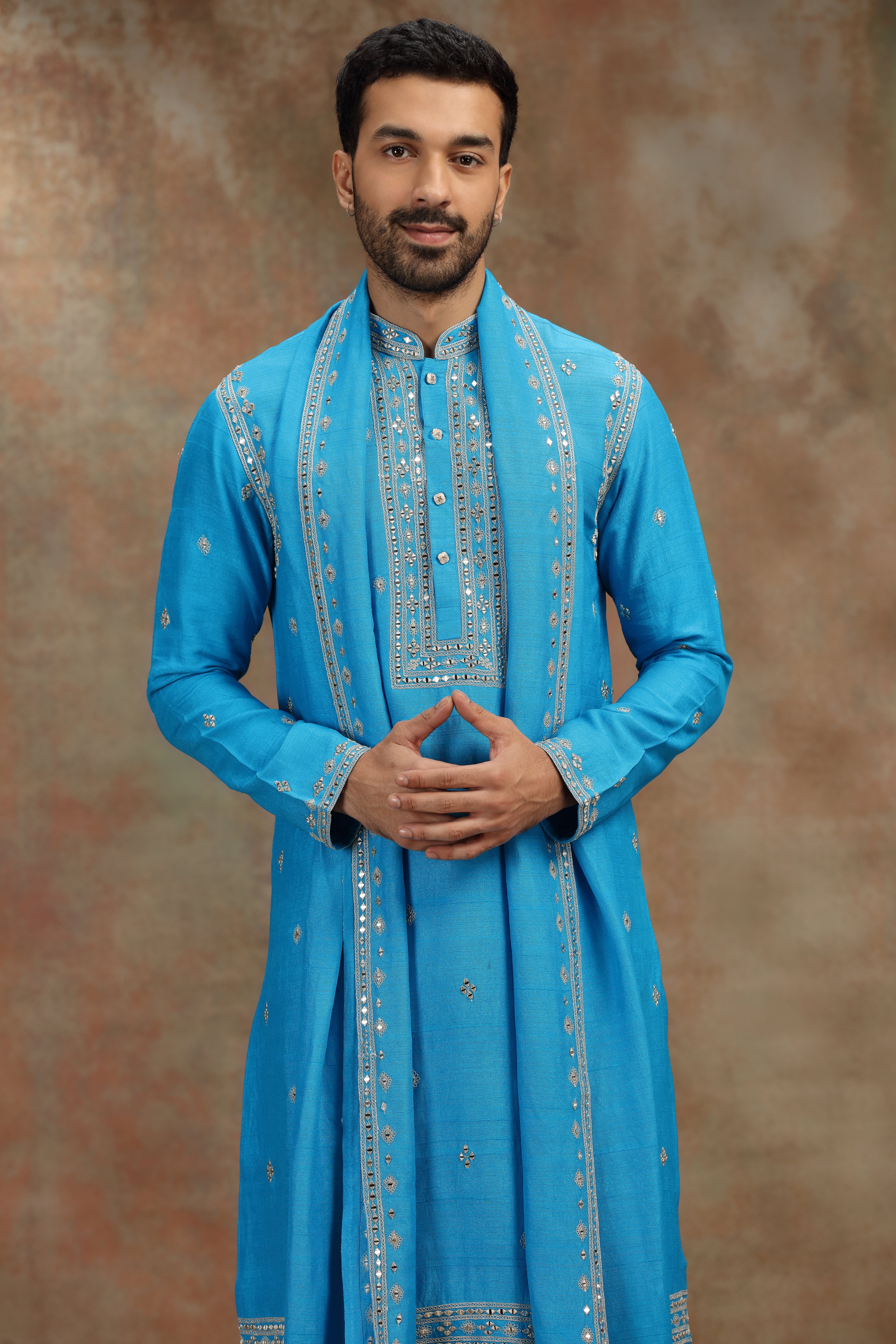 Cobalt Blue Silk Kurta Set with Mirror and Dori Work