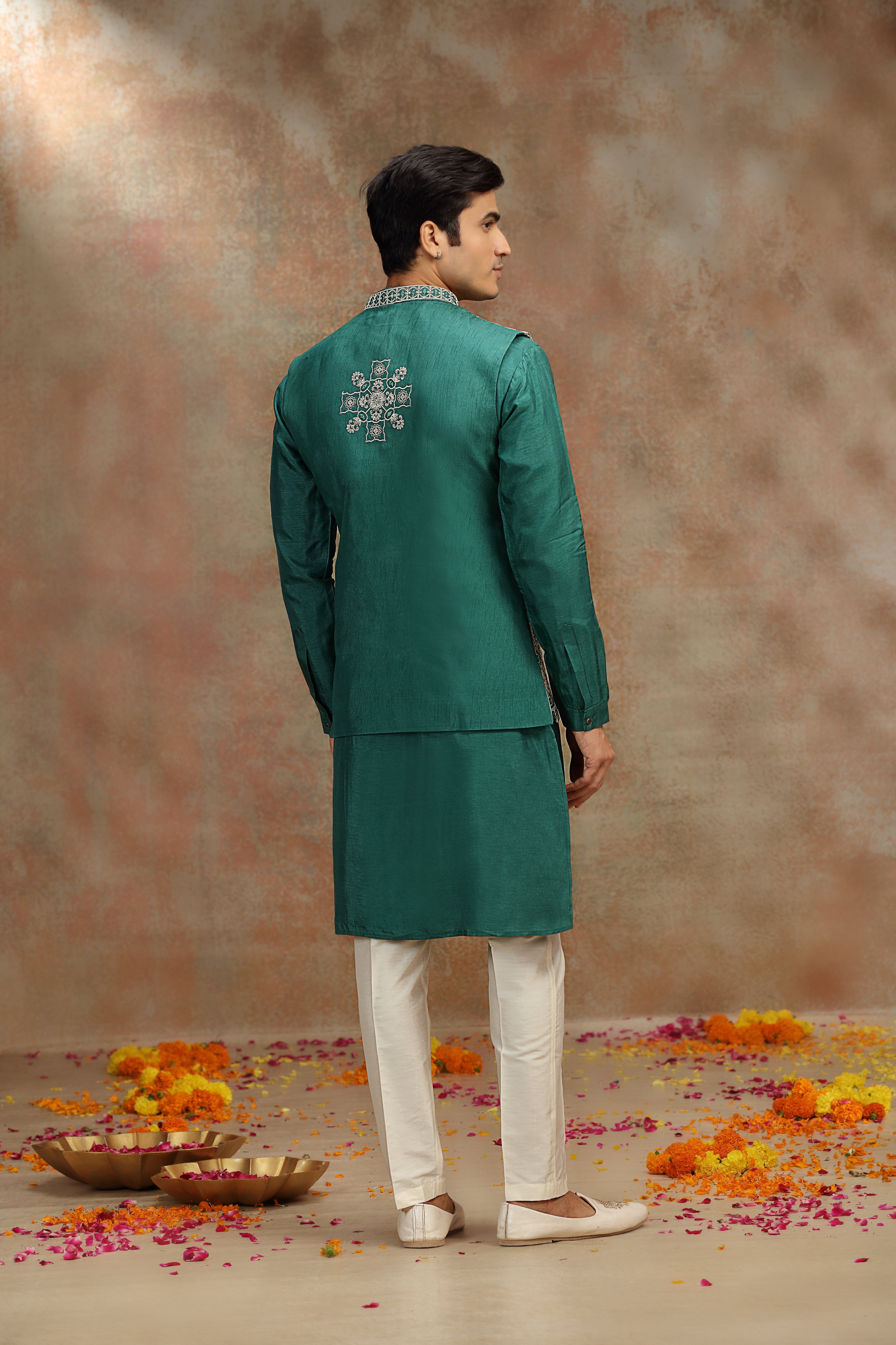 Dark Green Silk Koti Kurta Set with Mirror & Dori Work