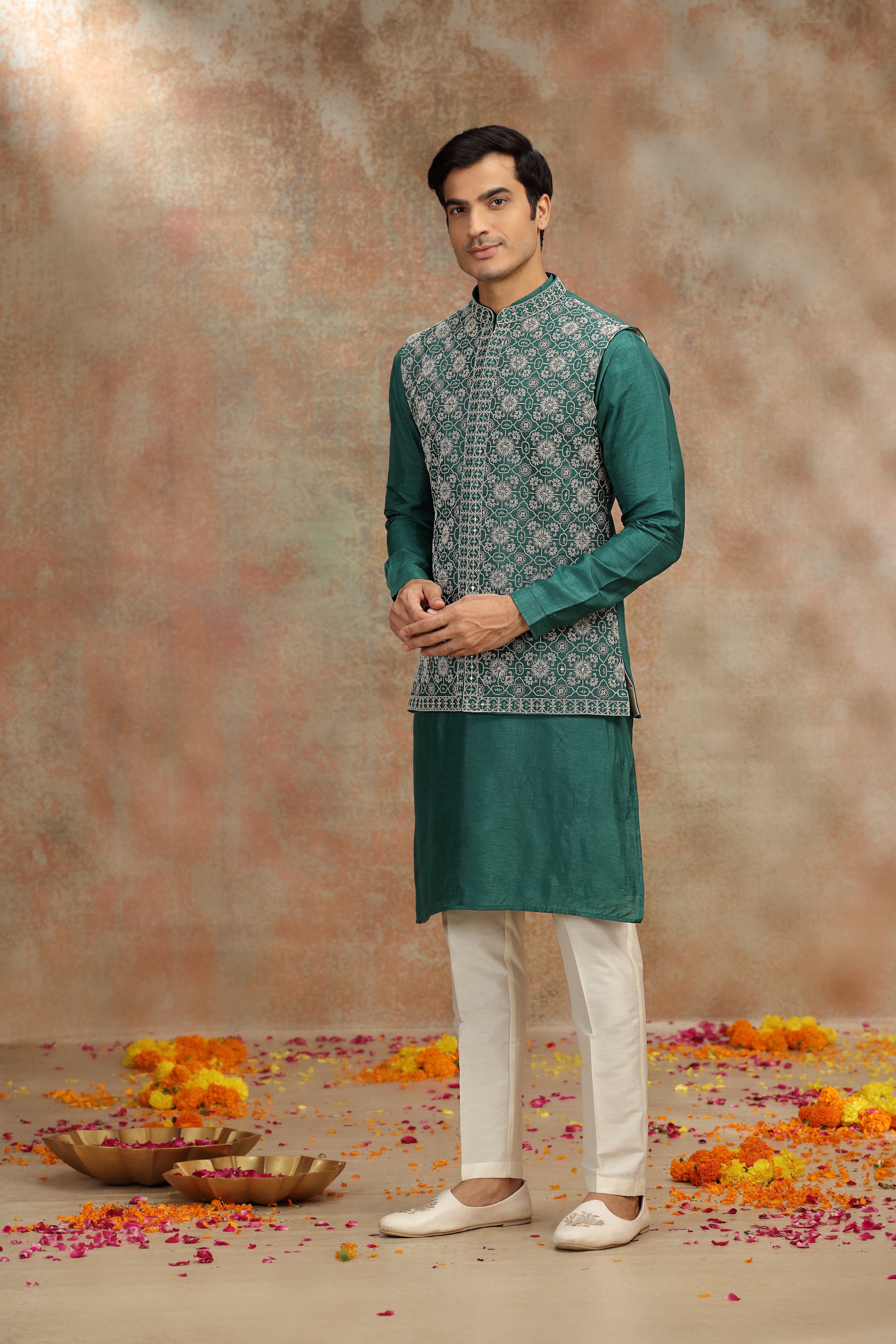 Dark Green Silk Koti Kurta Set with Mirror & Dori Work