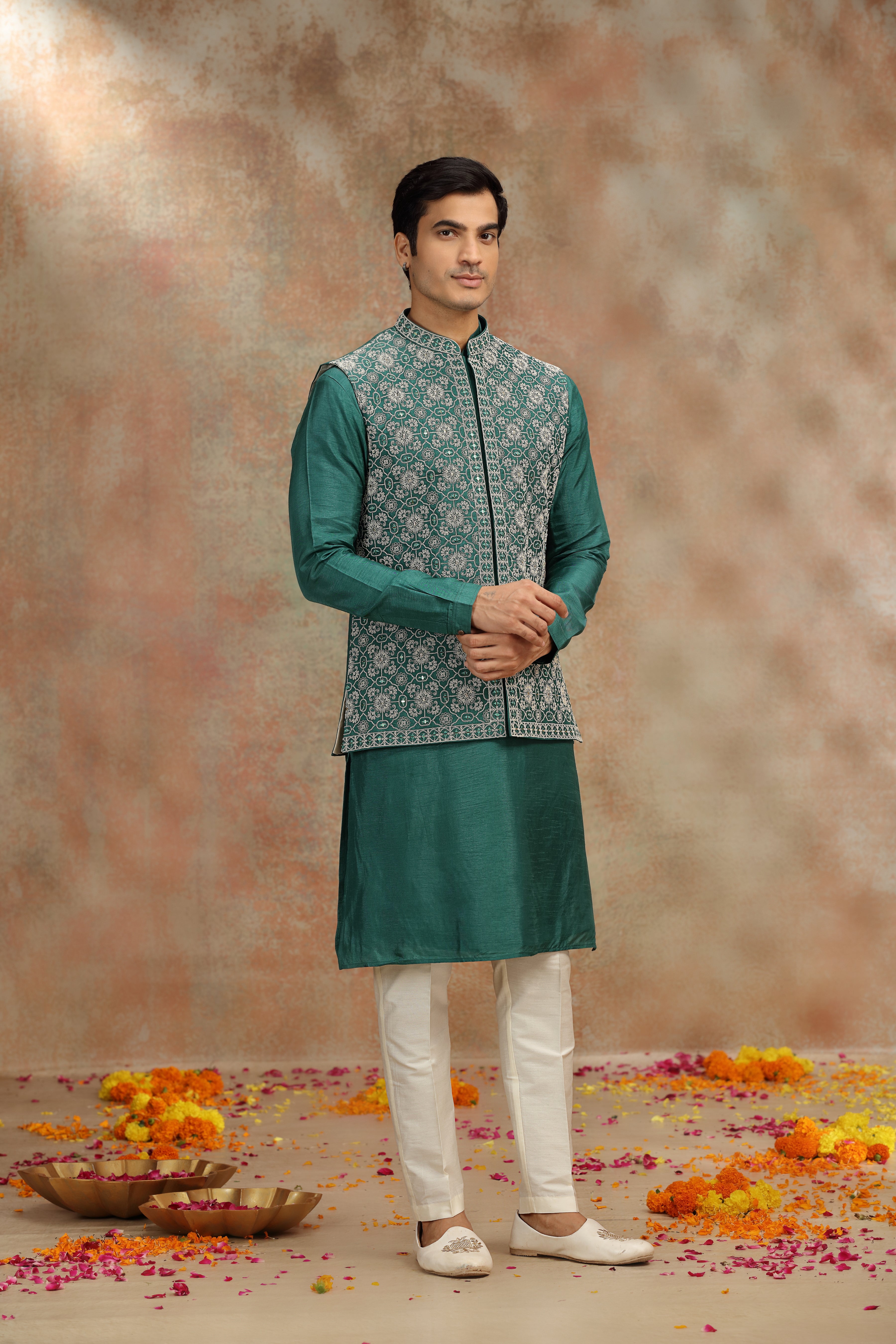 Dark Green Silk Koti Kurta Set with Mirror & Dori Work