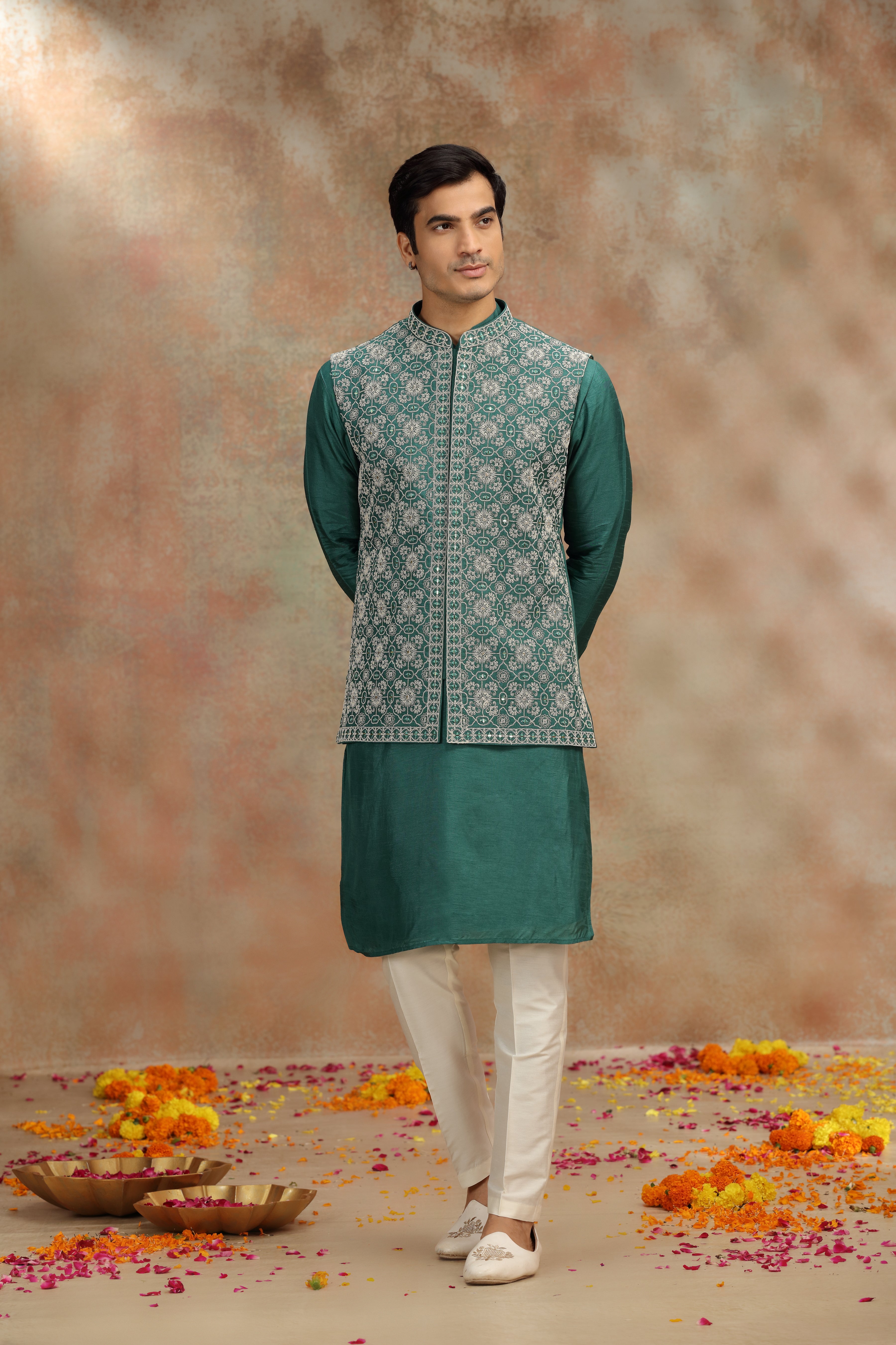 Dark Green Silk Koti Kurta Set with Mirror & Dori Work