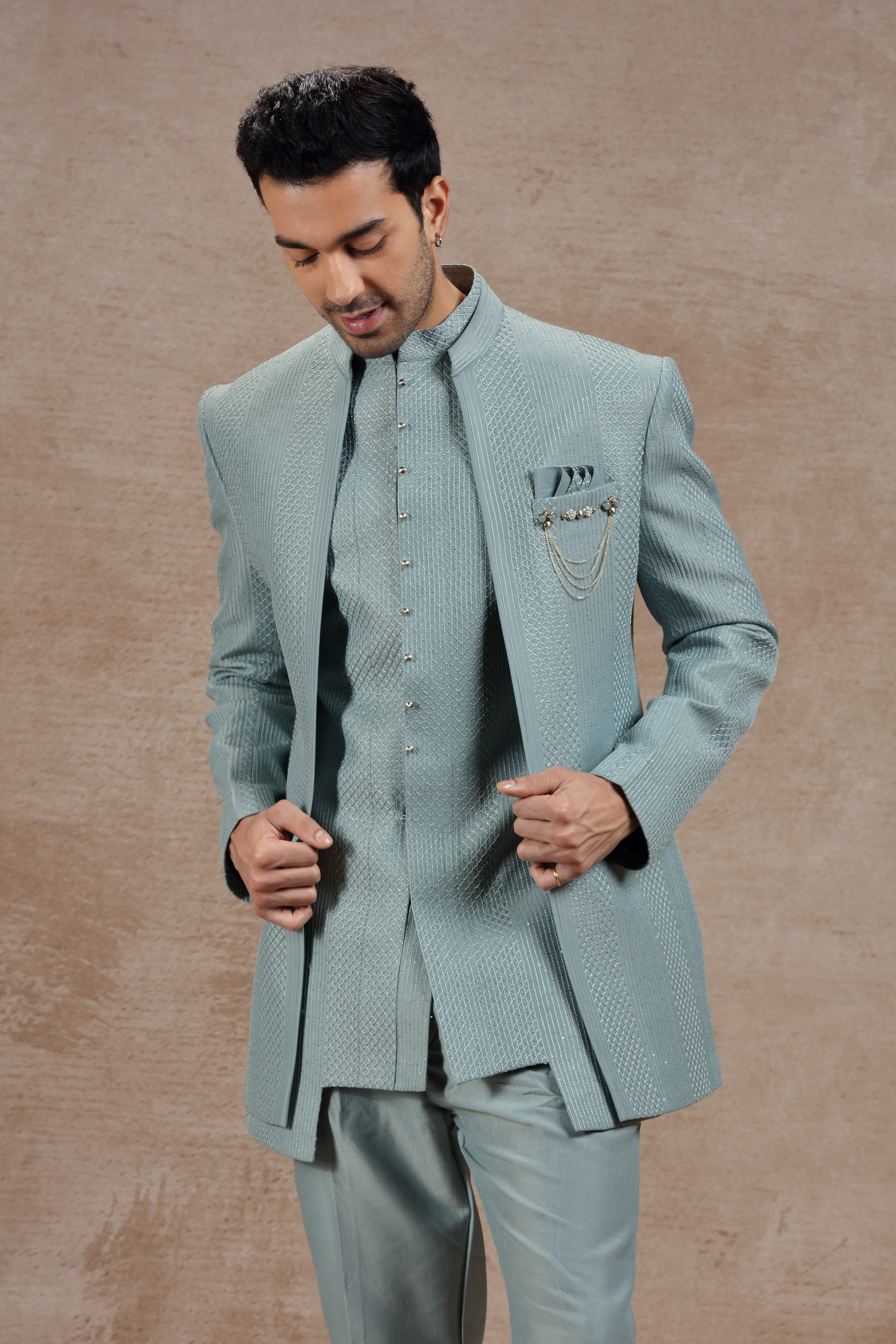 Pastel Sea Green Indowestern Jacket with Sequin Embroidery - Shreeman