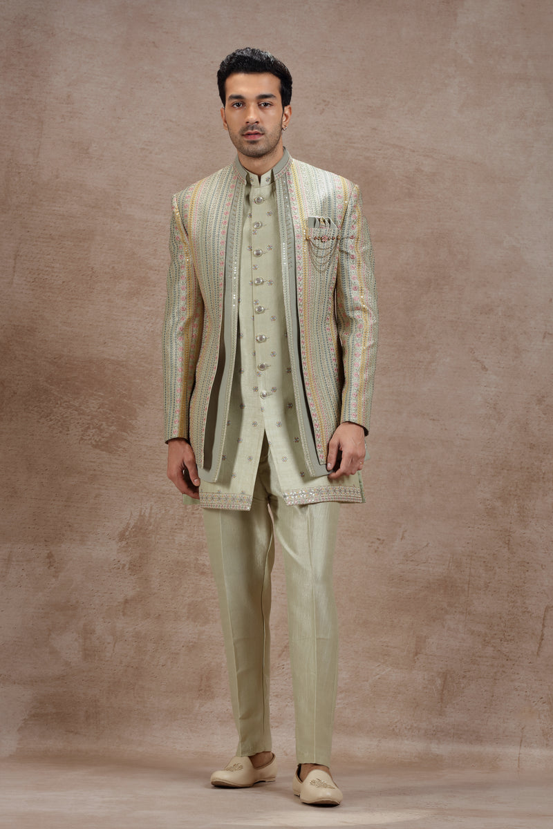 Sage Green Indowestern Jacket Set with Floral Embroidery