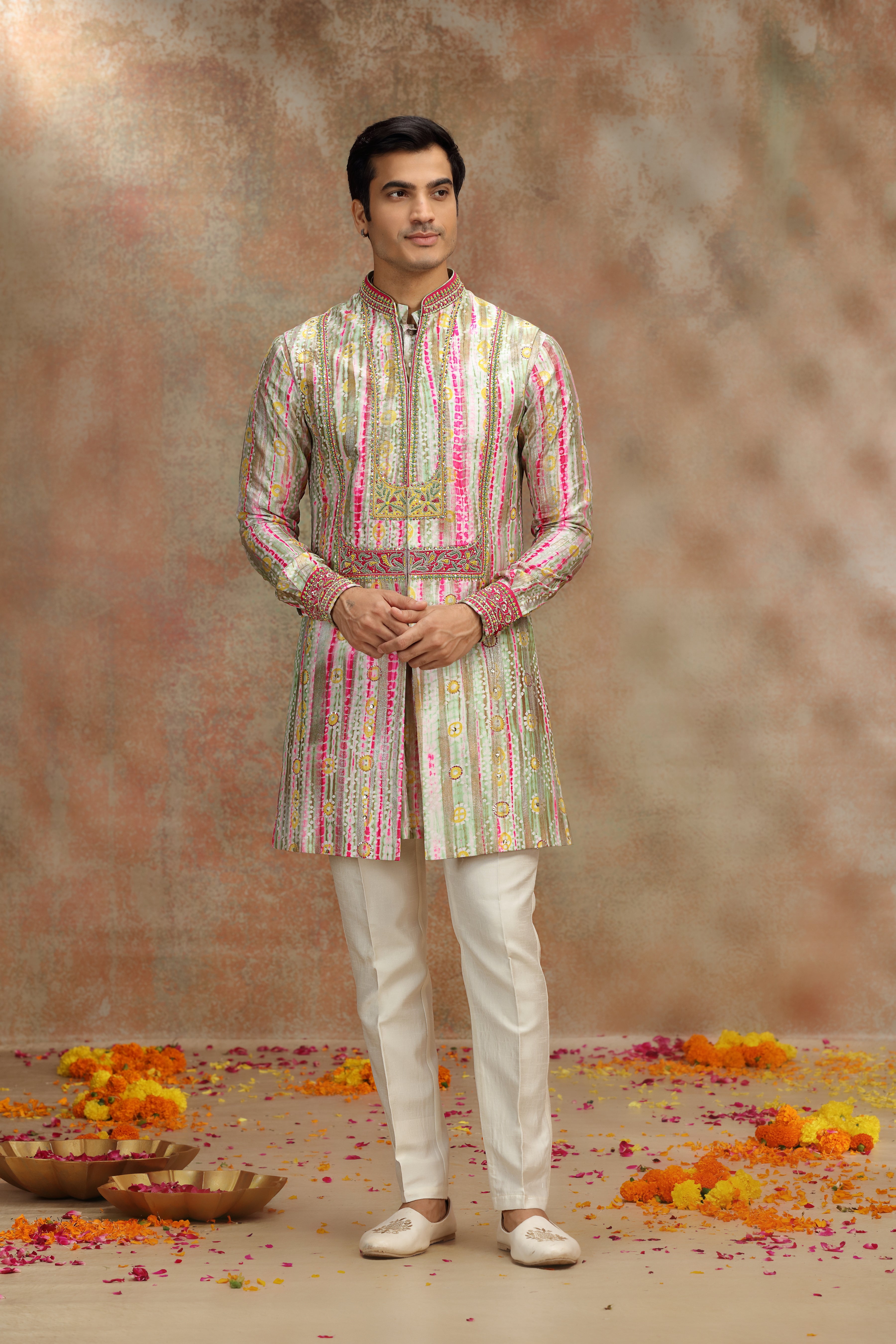 Multicolor Silk Koti Kurta with Dori & Sequins