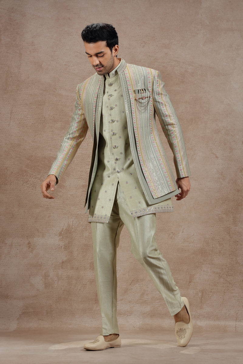 Sage Green Indowestern Jacket Set with Floral Embroidery