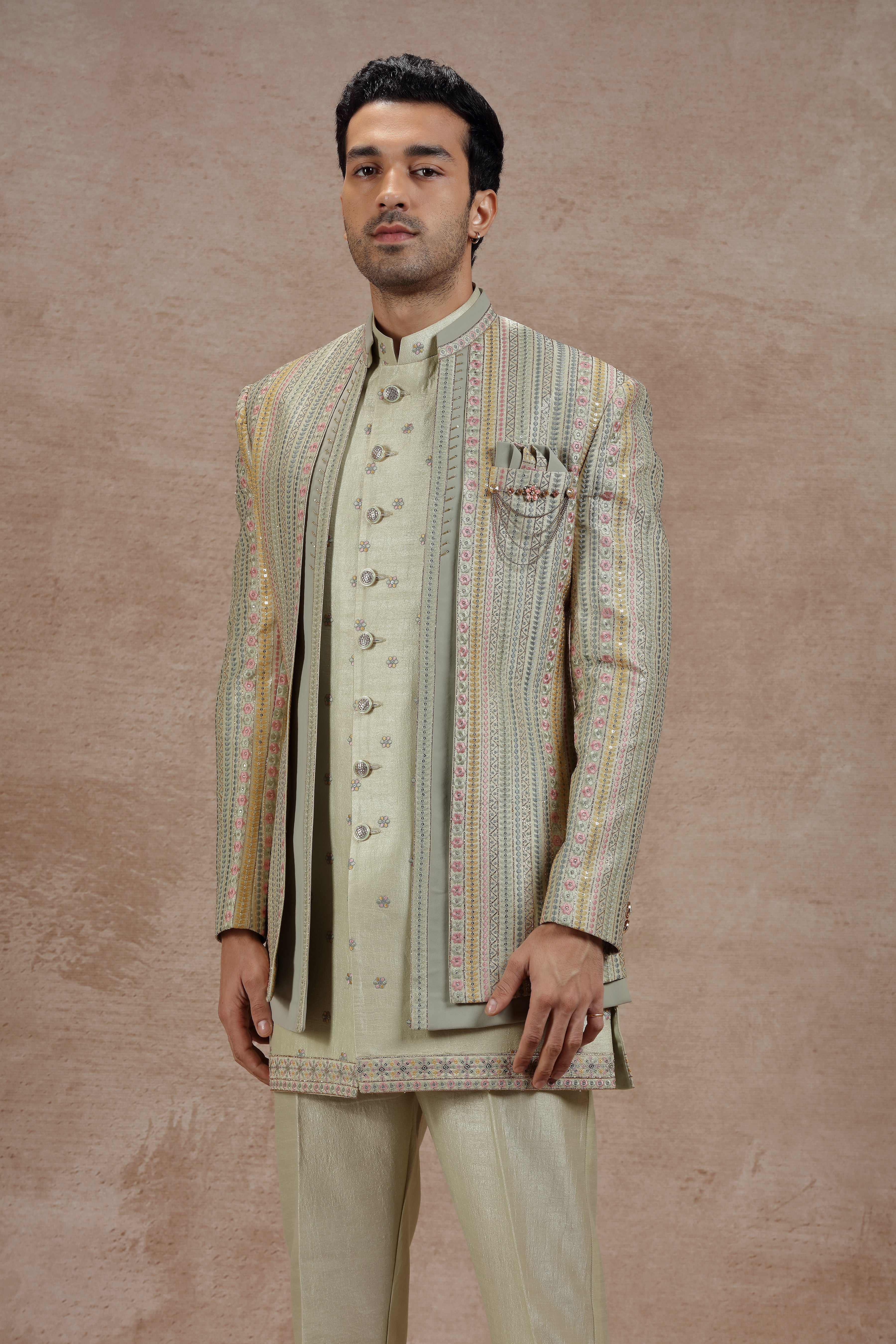 Sage Green Indowestern Jacket Set with Floral Embroidery - Shreeman