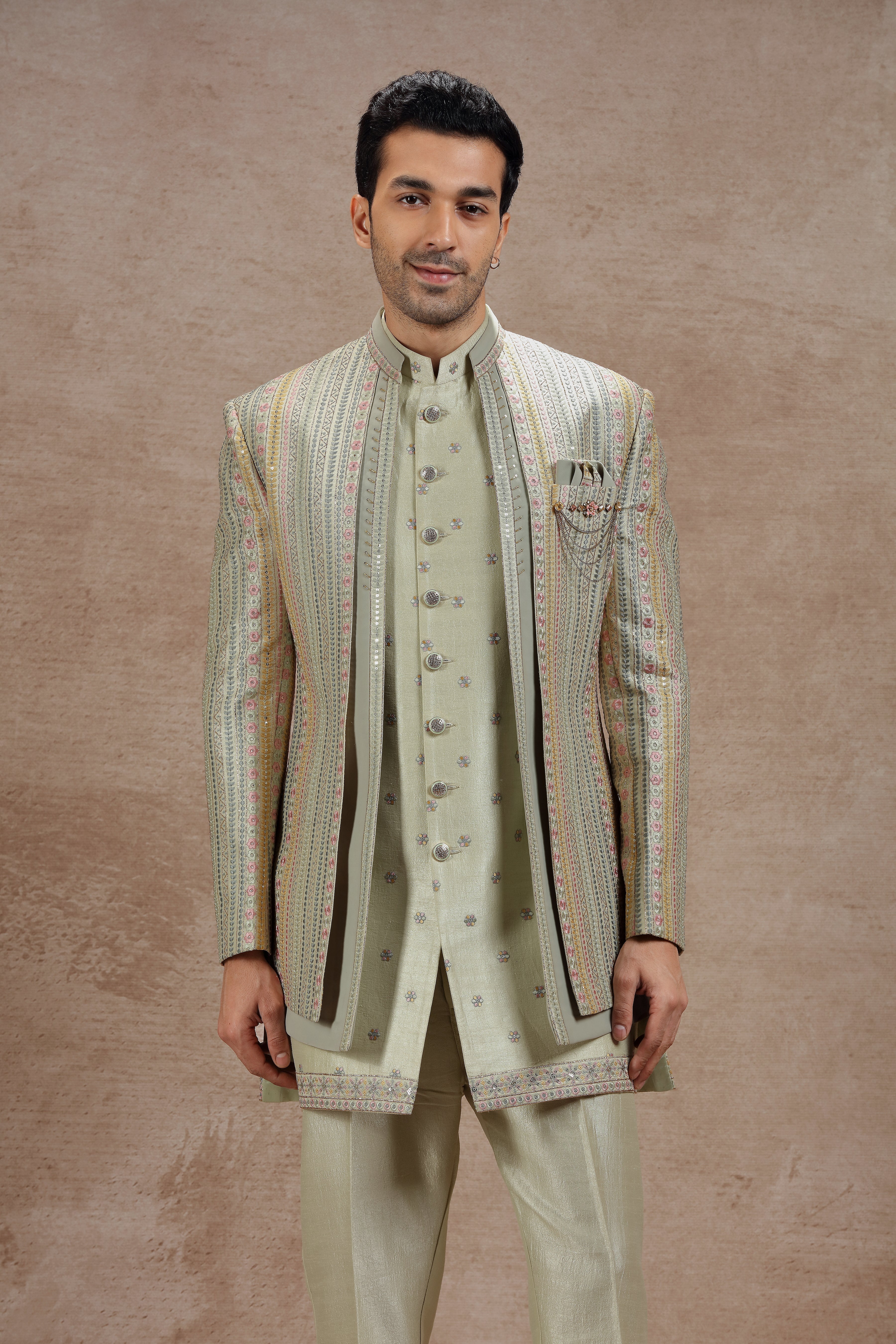 Sage Green Indowestern Jacket Set with Floral Embroidery - Shreeman