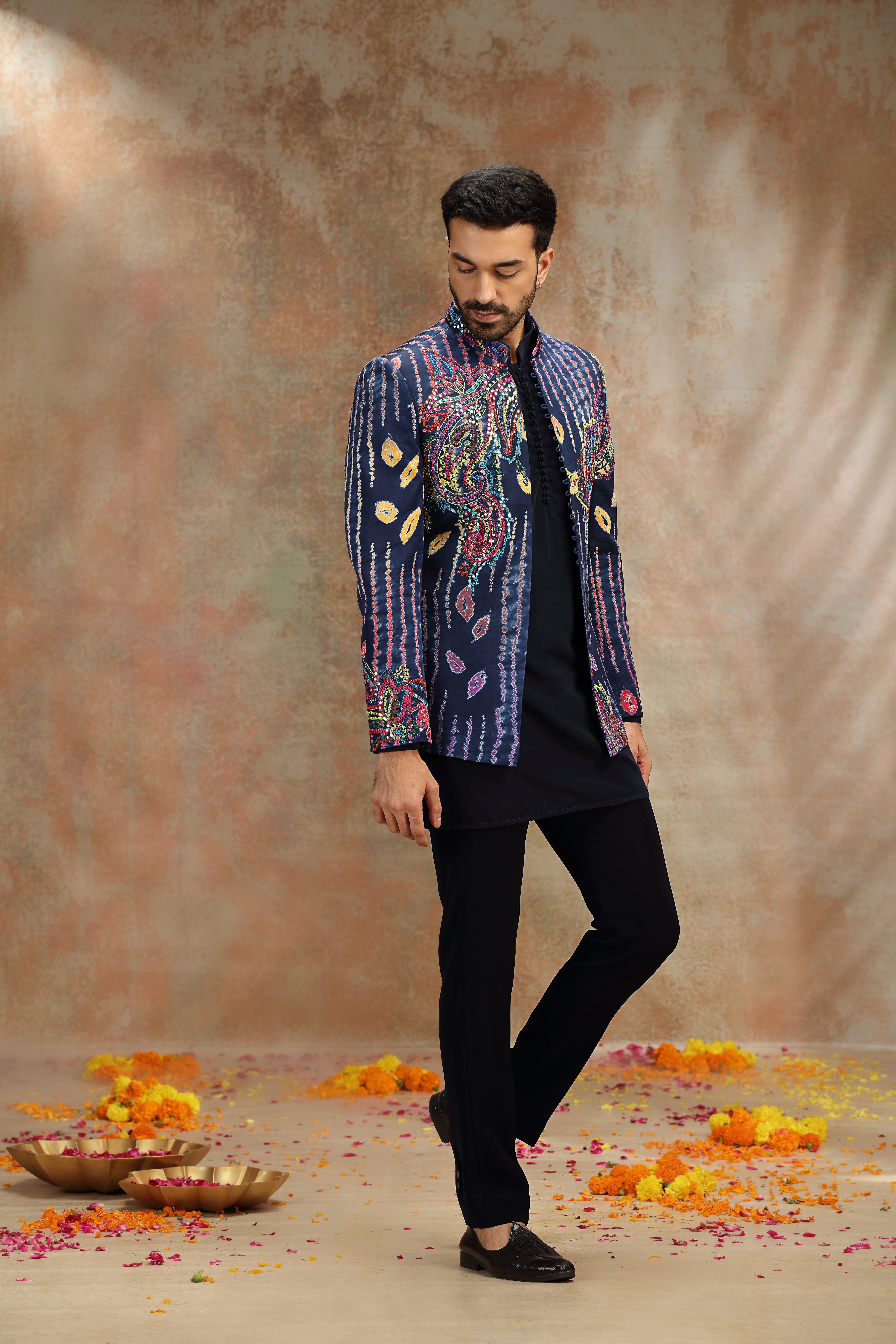 Navy Blue Indo Set with Print Work